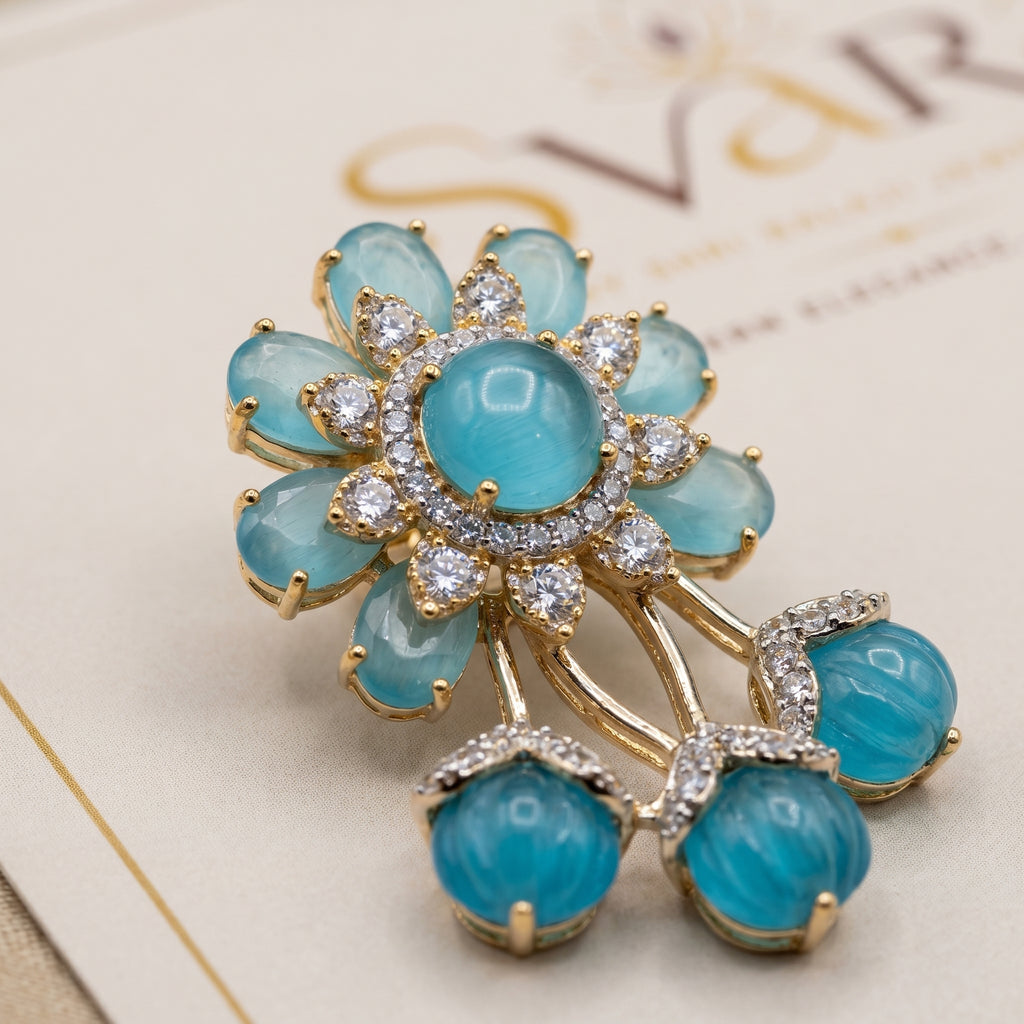 Silver CZ Aqua Floral Bead Drop Earrings