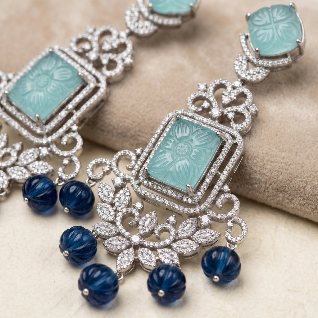 Silver CZ Carved Aqua & Navy Bead Chandelier Earrings