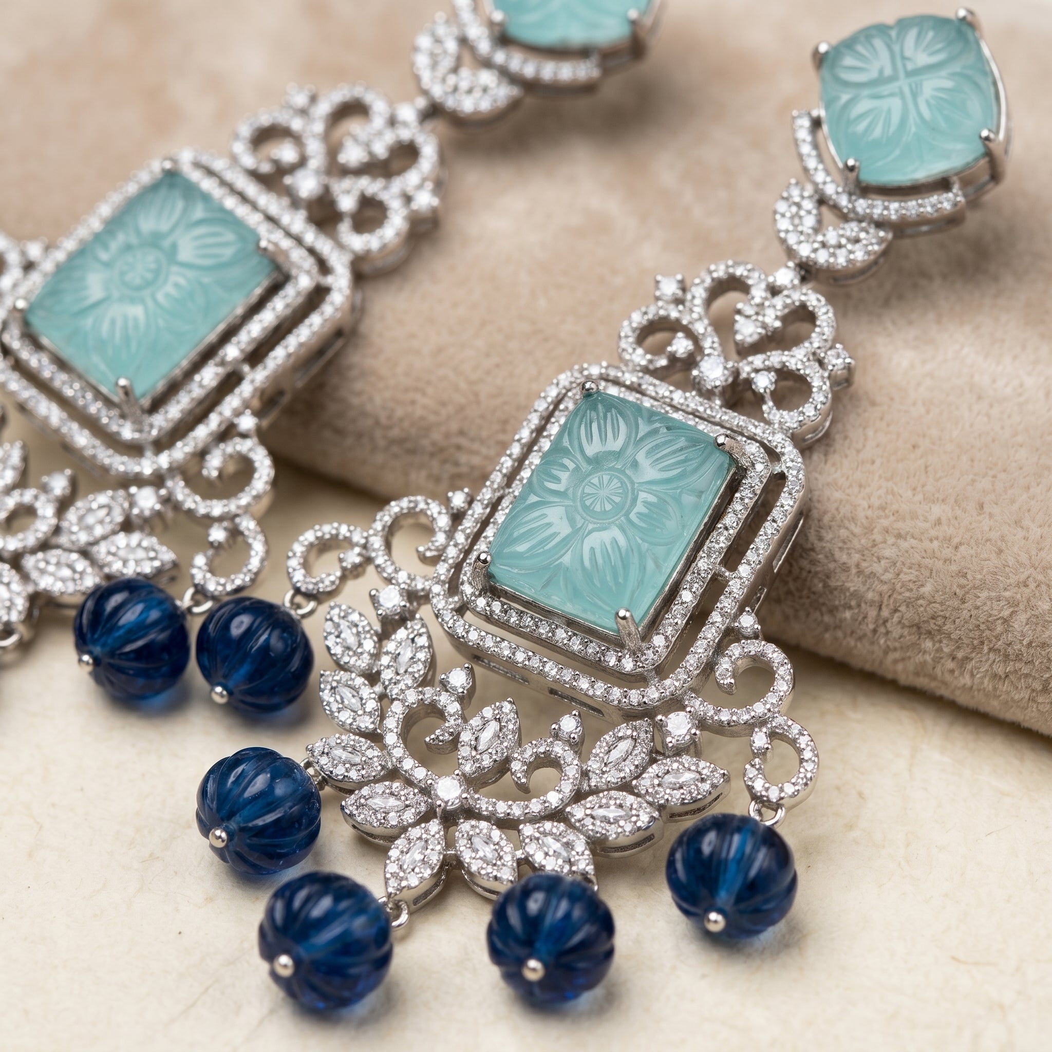 Silver CZ Carved Aqua & Navy Bead Chandelier Earrings
