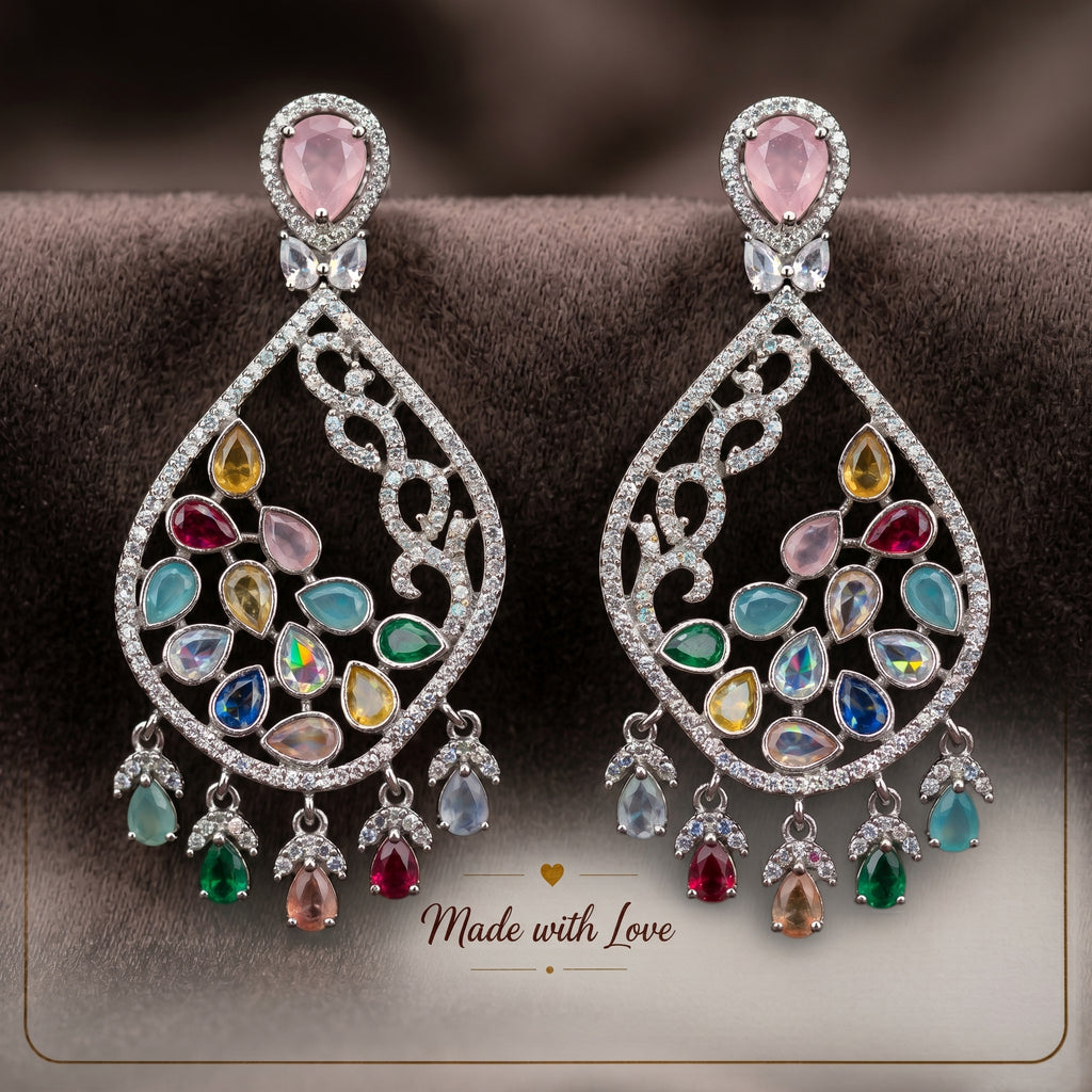 Silver CZ Multicolour Teardrop Filigree Chandelier Earrings