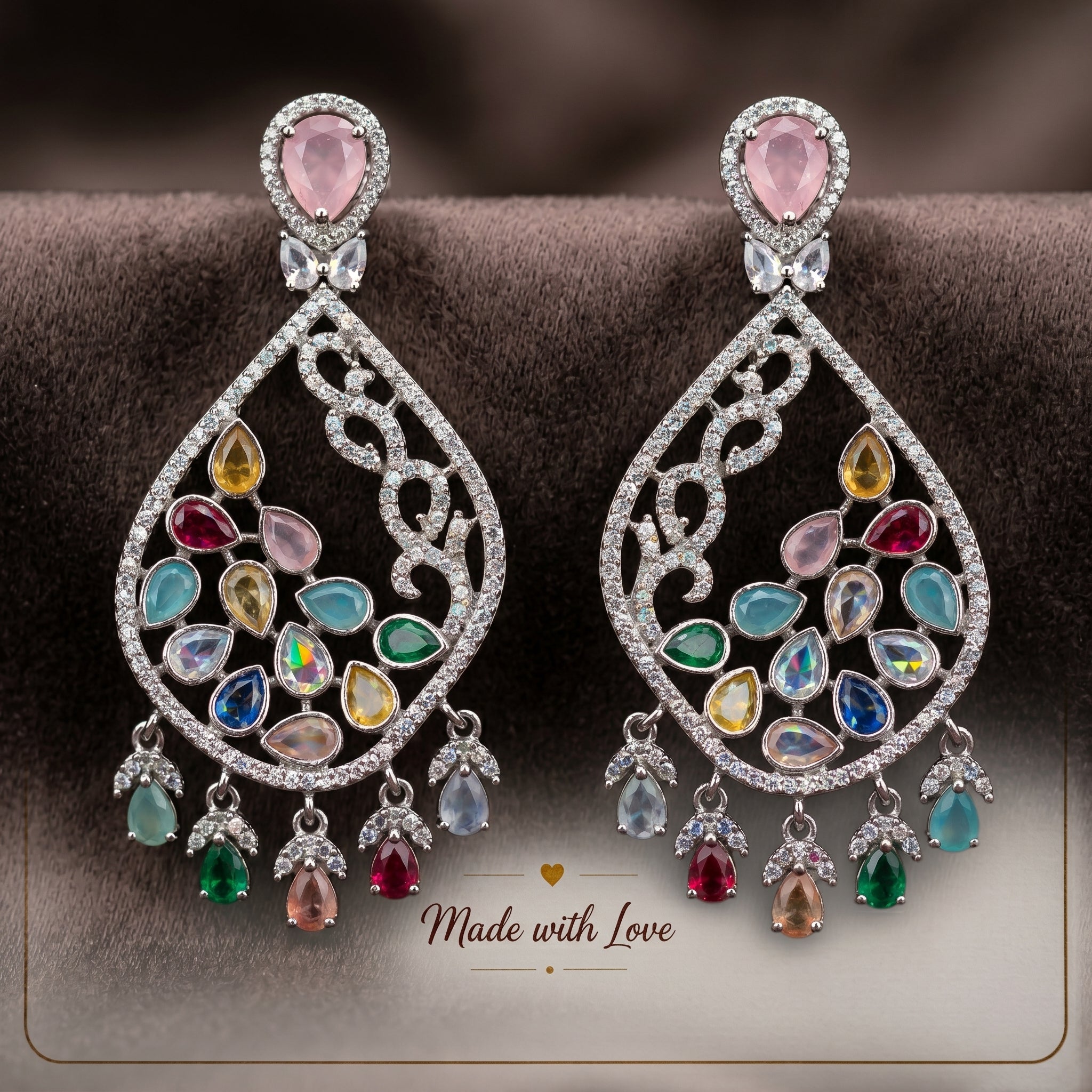 Silver CZ Multicolour Teardrop Filigree Chandelier Earrings