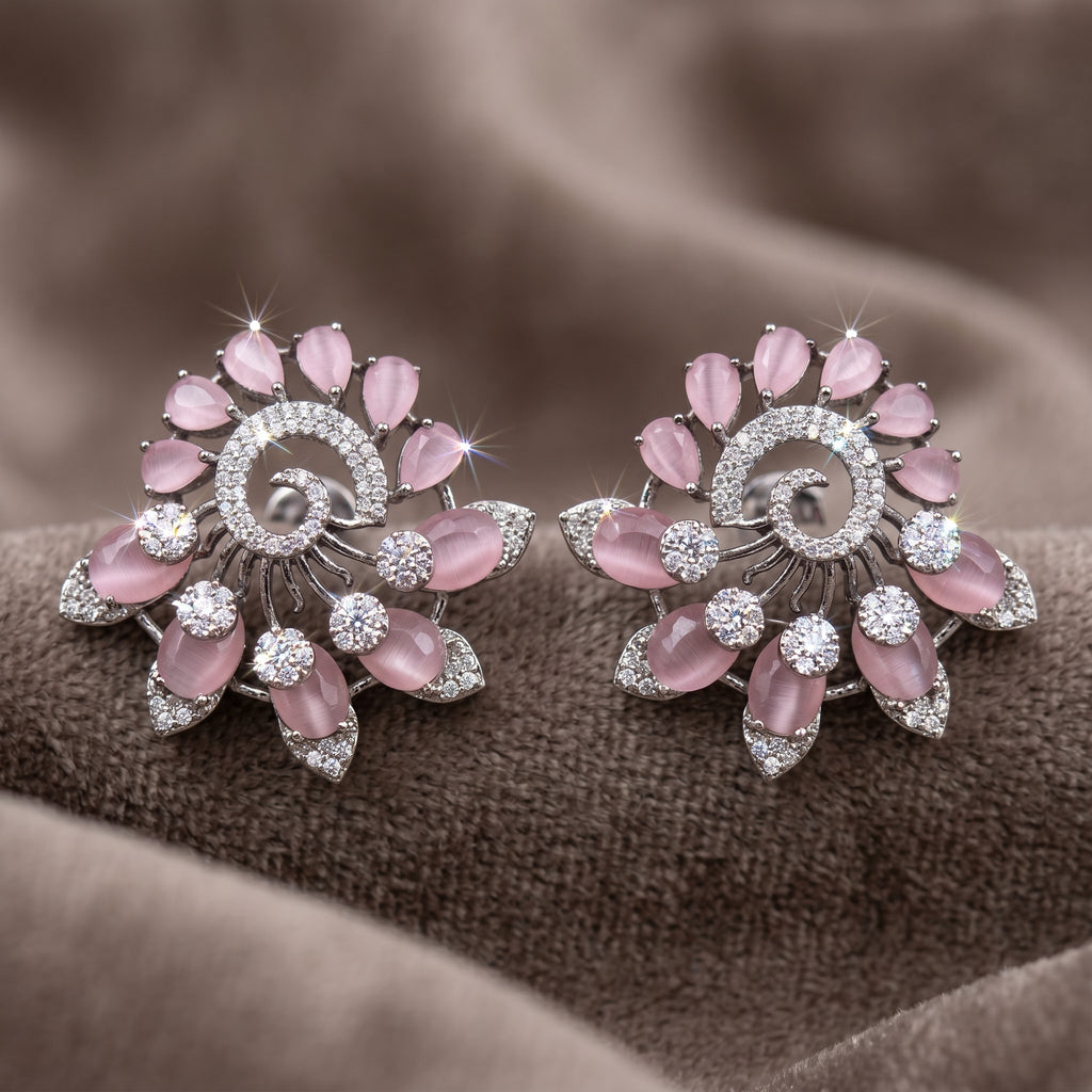 Silver CZ Mauve Catseye Swirl Stud Earrings