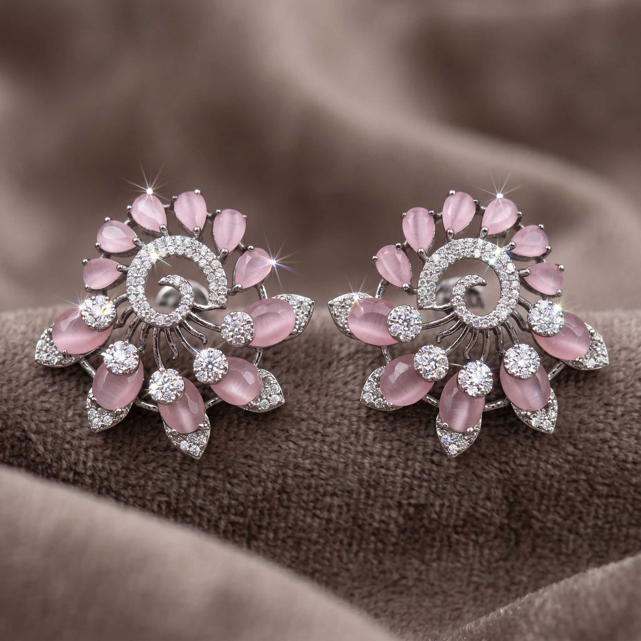Silver CZ Mauve Catseye Swirl Stud Earrings