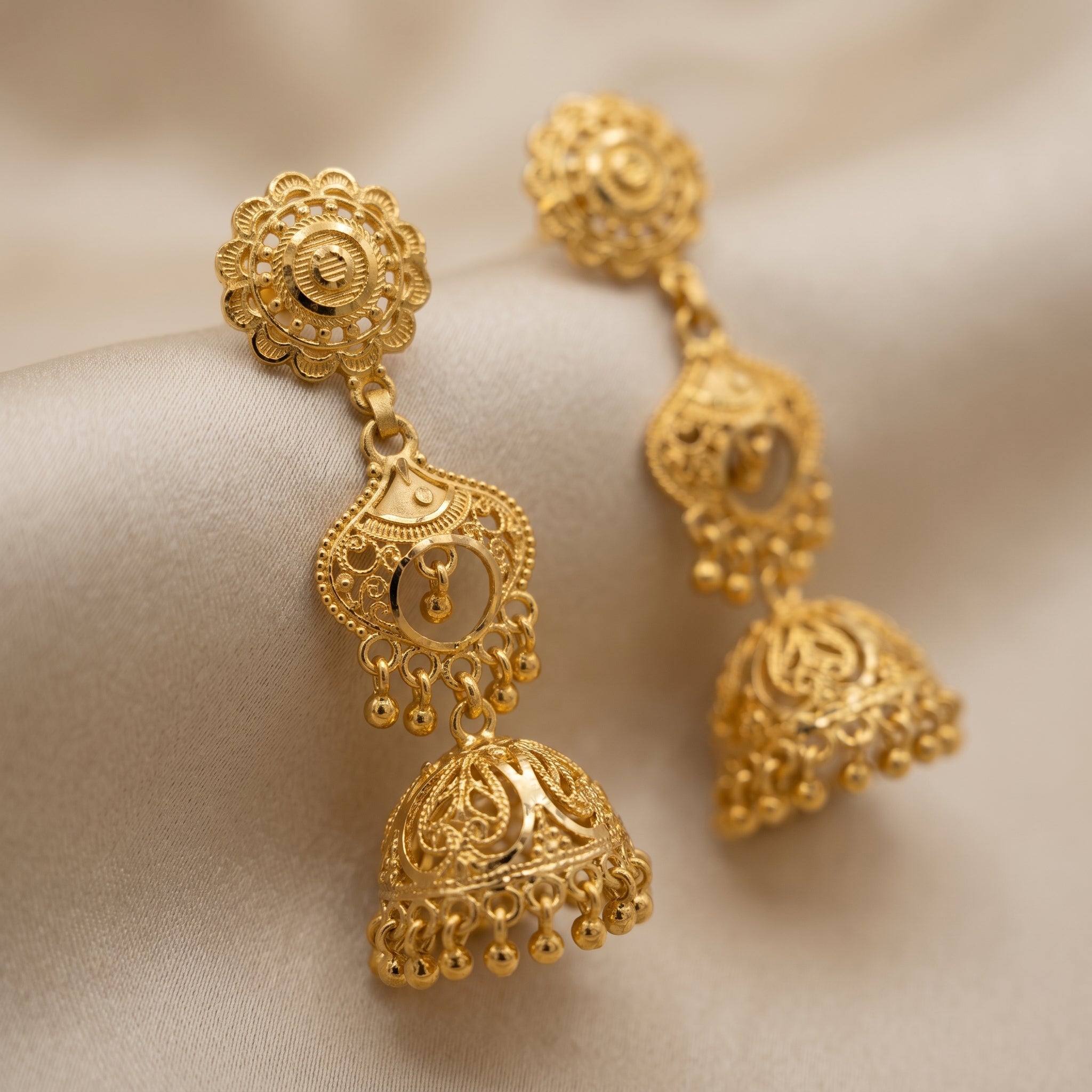 Gold Antique Tiered Filigree Jhumka Earrings