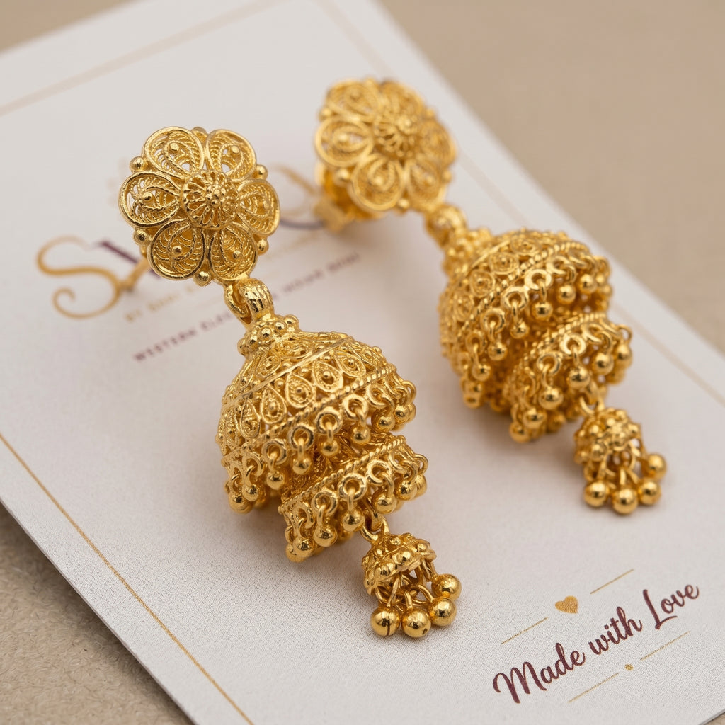 Gold Antique Double-Tier Jhumka Earrings