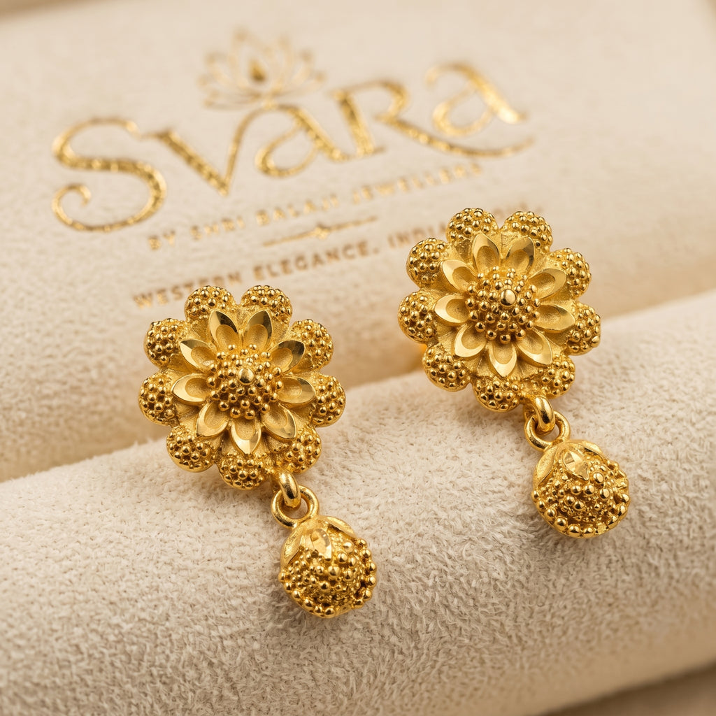 Gold Antique Layered Flower Bud Drop Earrings