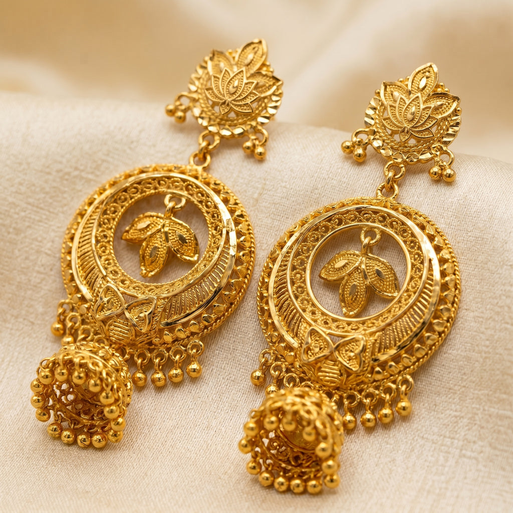 Gold Antique Round Filigree Medallion Jhumka Earrings