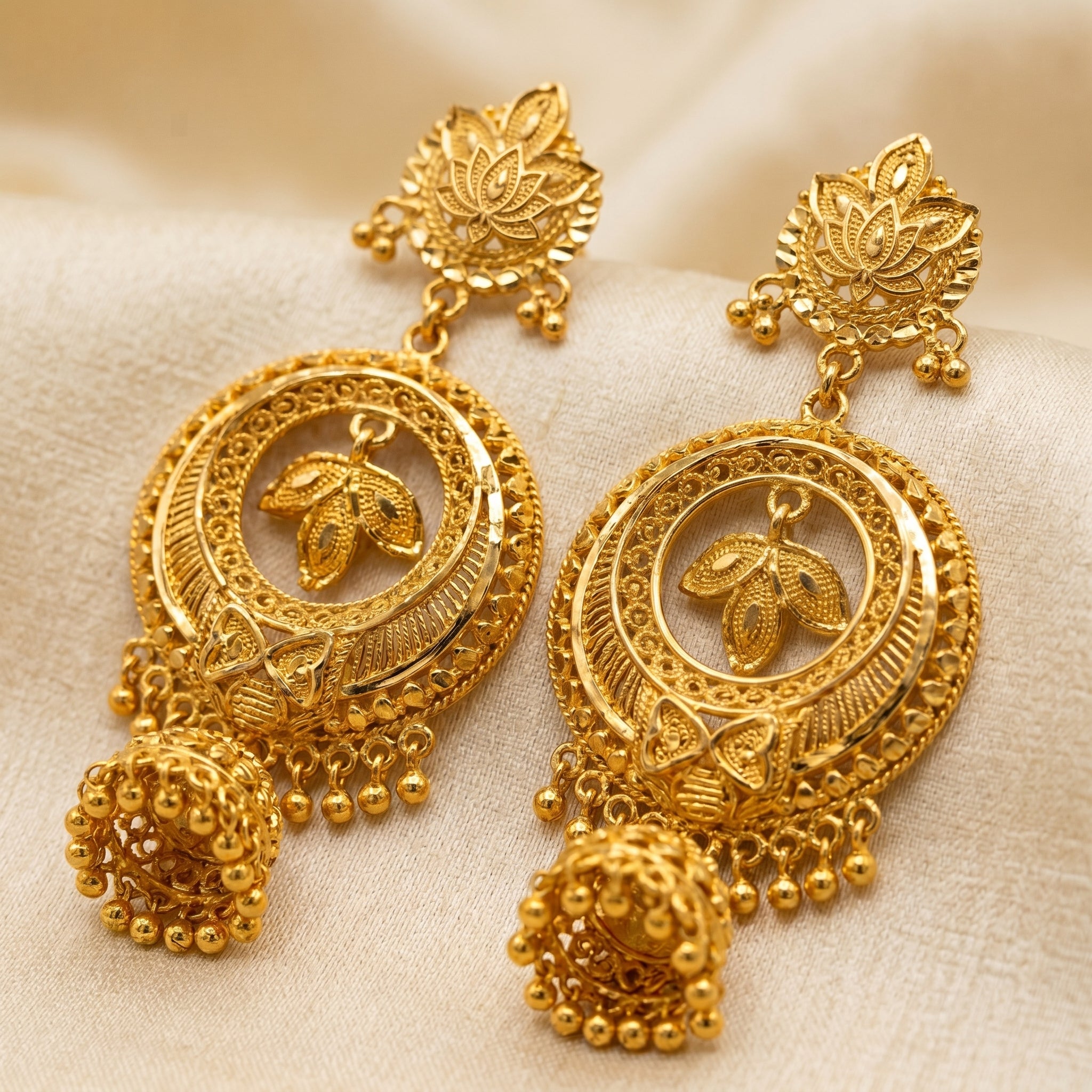 Gold Antique Round Filigree Medallion Jhumka Earrings