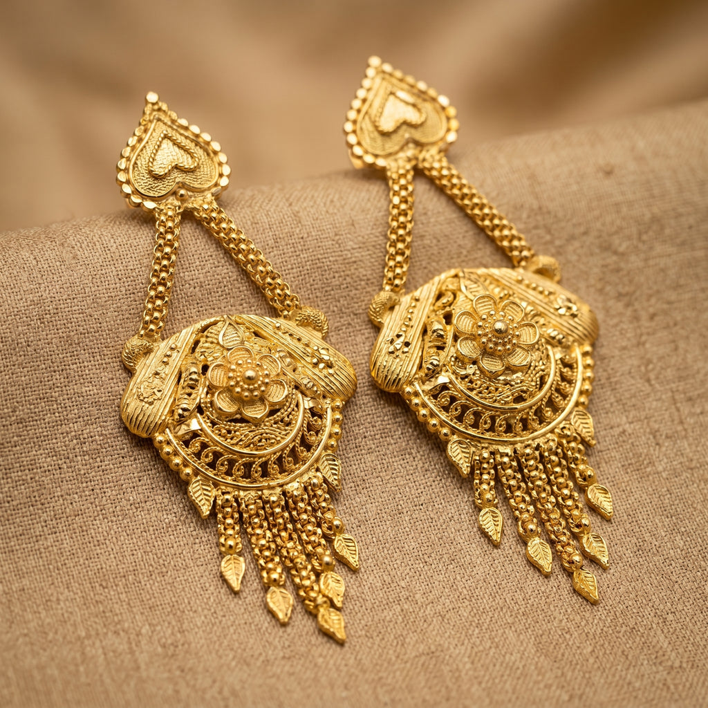 Gold Antique Floral Medallion Leaf Fringe Earrings