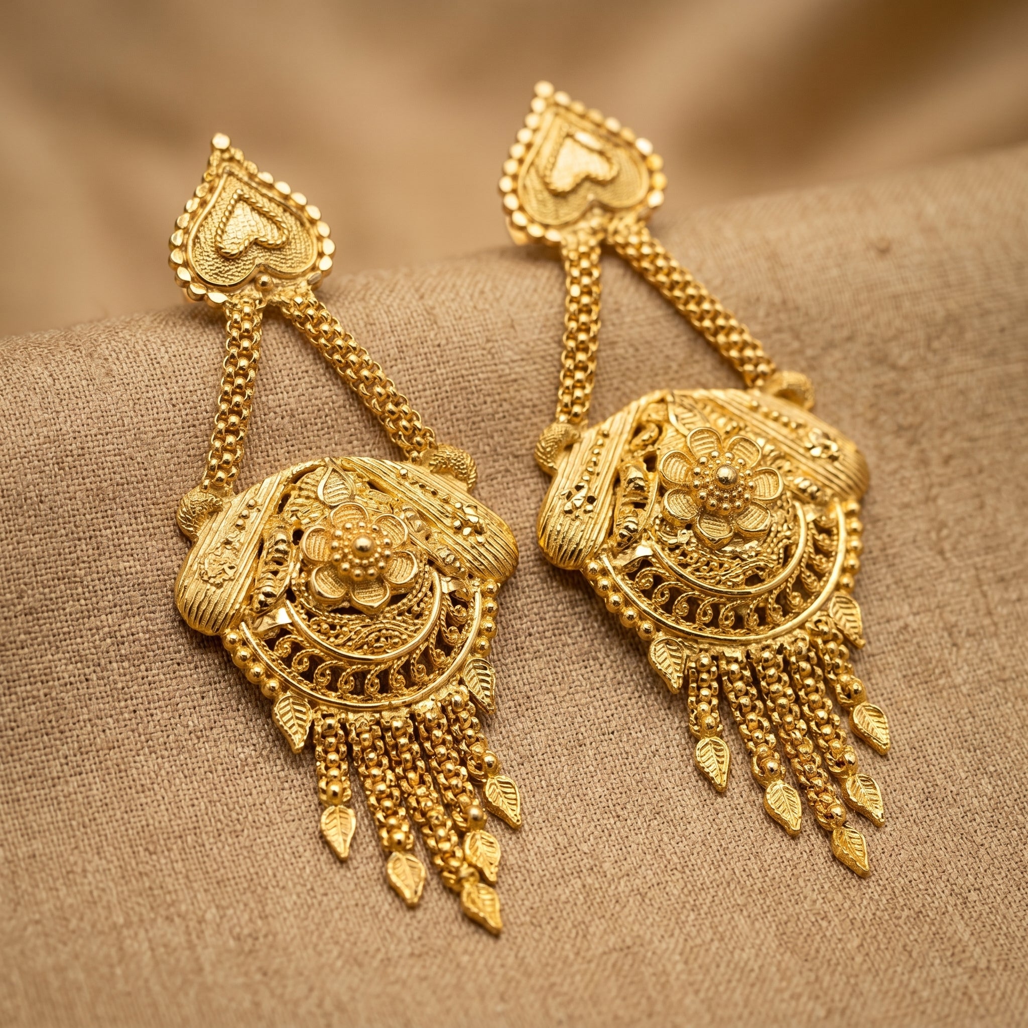 Gold Antique Floral Medallion Leaf Fringe Earrings