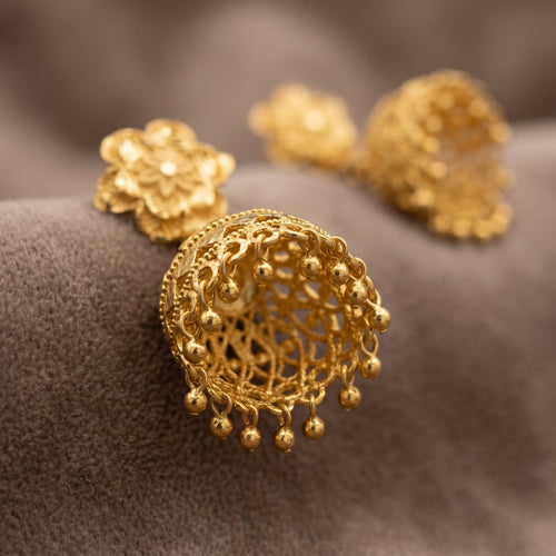Gold Antique Six-Petal Floral Jhumka Earrings