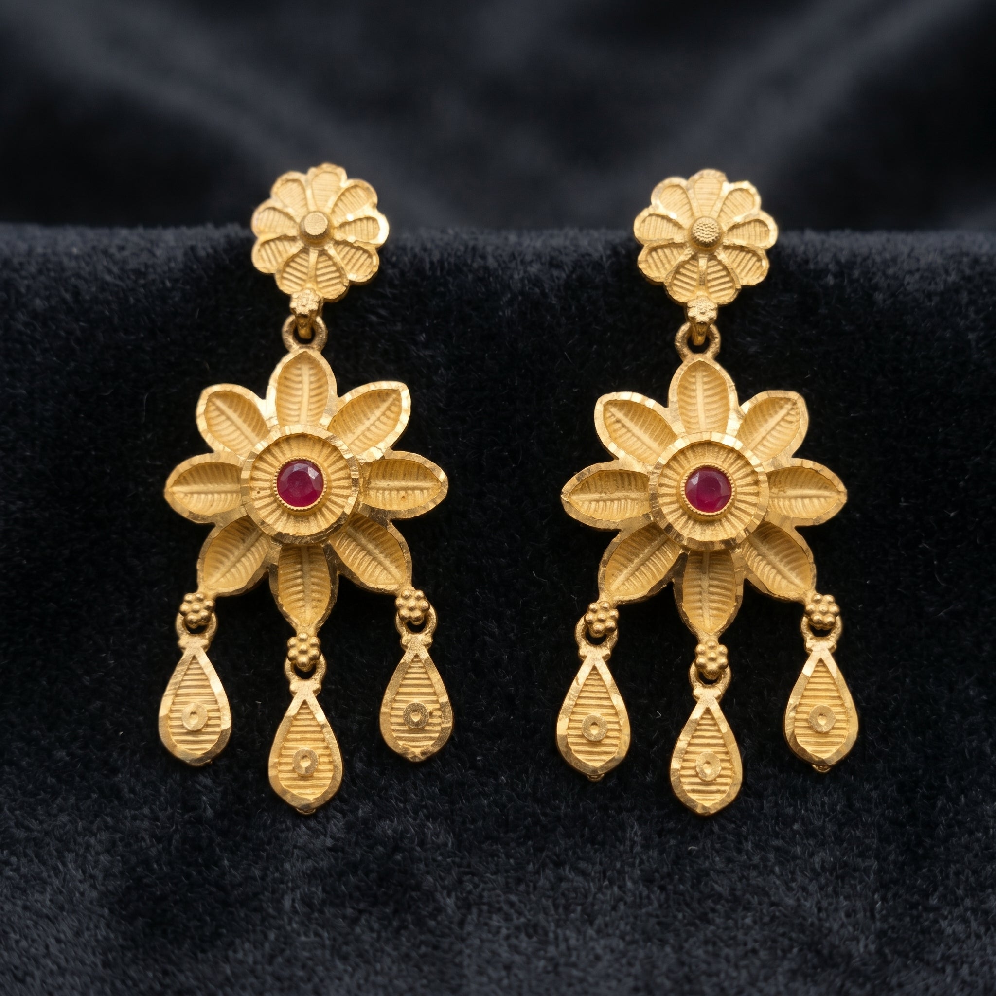 Gold Antique Ruby Daisy Teardrop Earrings
