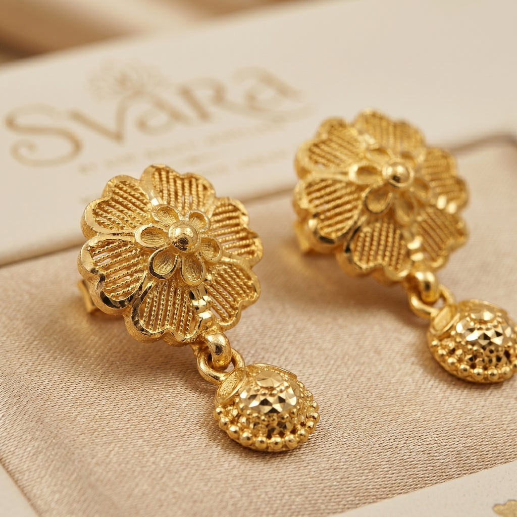 Gold Antique Scalloped Floral Mini Drop Earrings