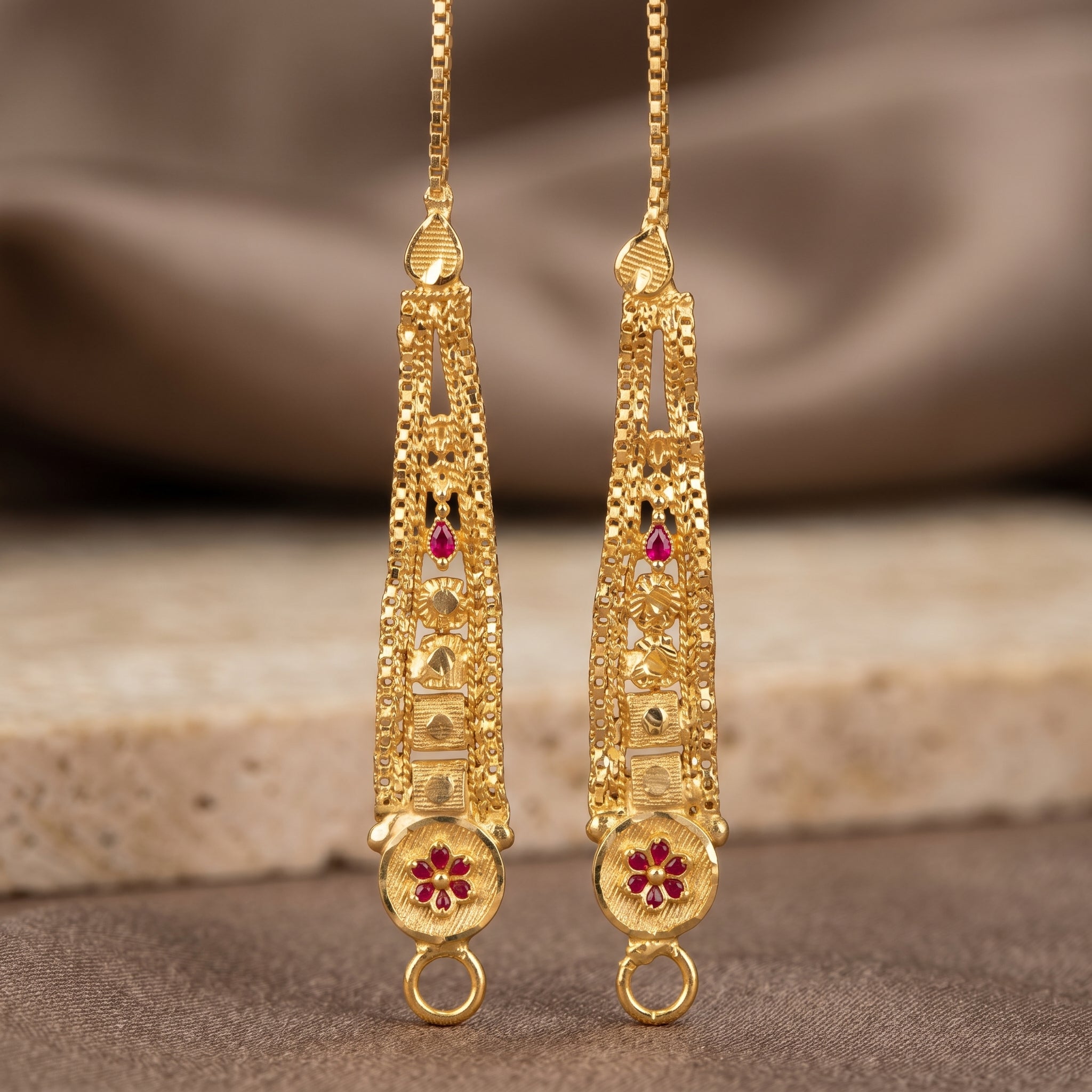 Gold Filigree Ruby Floral Ear Chain