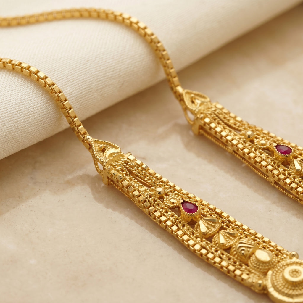 Gold Ruby Cone Disc Ear Chain
