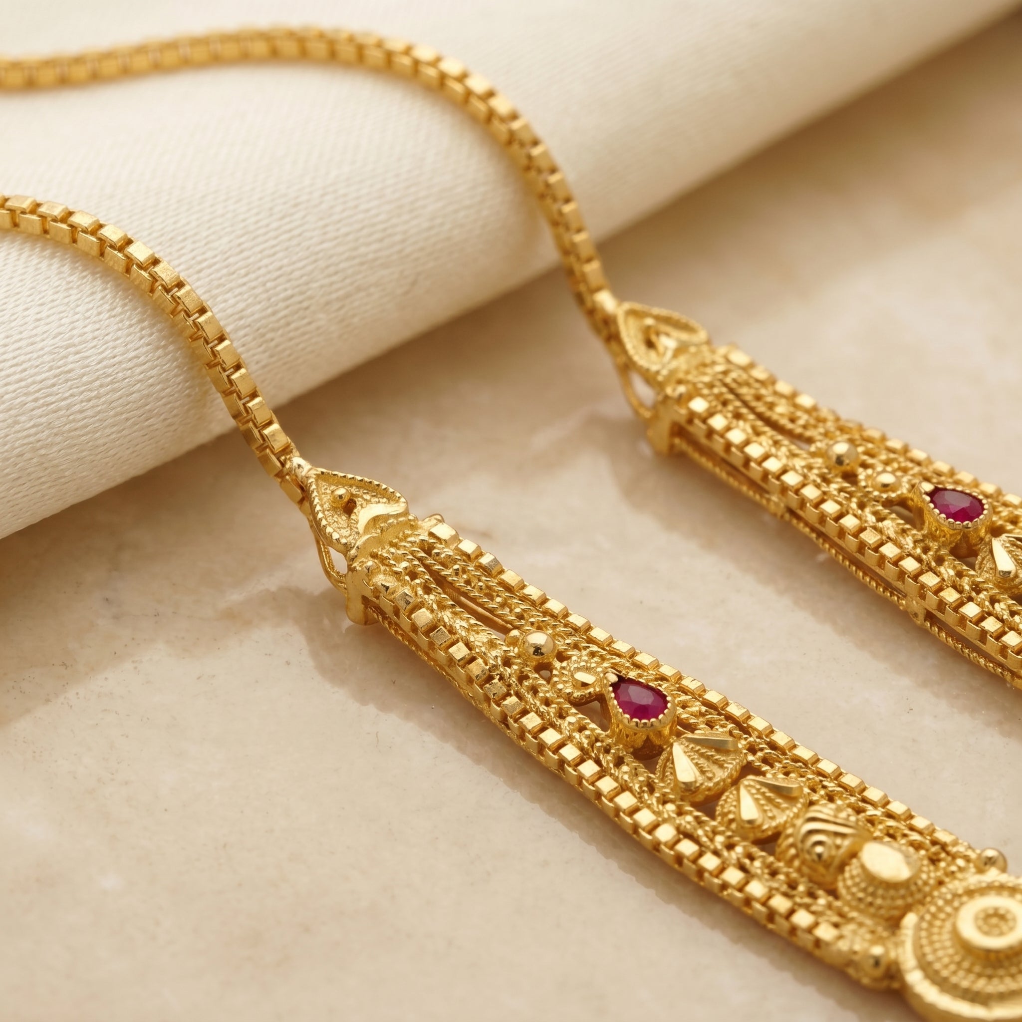 Gold Ruby Cone Disc Ear Chain