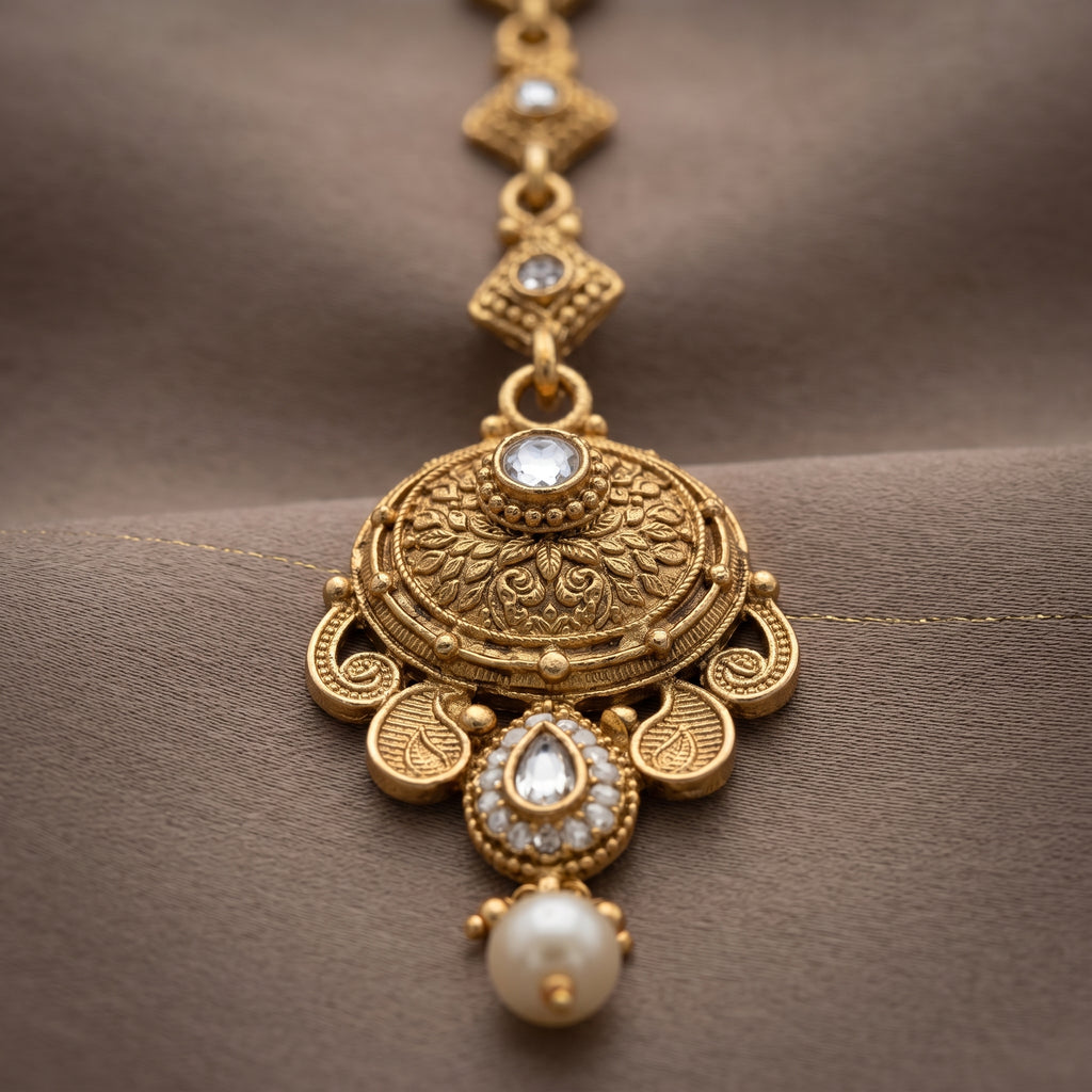 Gold Mughal Dome Medallion Pearl Drop Maang Tikka