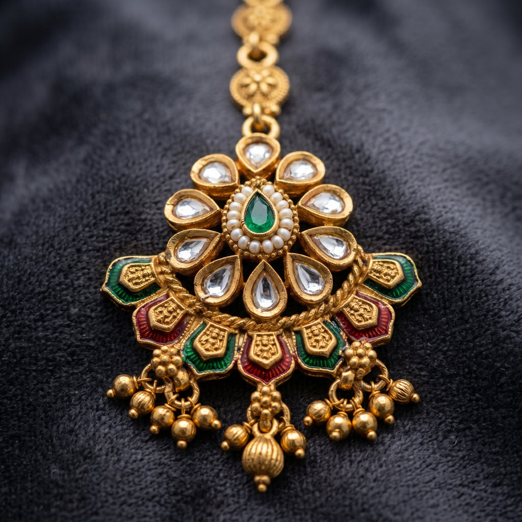 Gold Kundan Lotus Fan Meenakari Maang Tikka