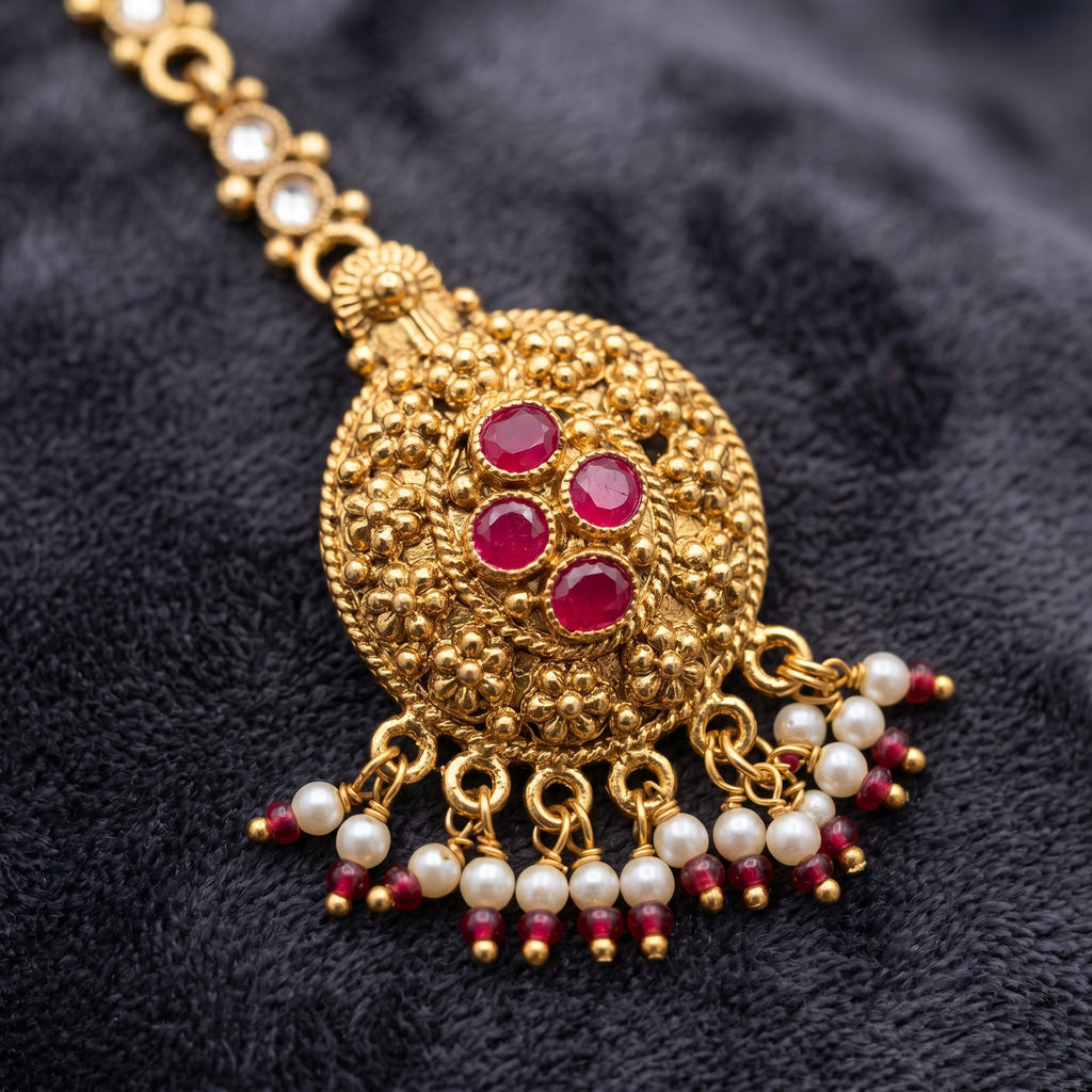 Gold Temple Granule Oval Ruby Pearl Fringe Maang Tikka