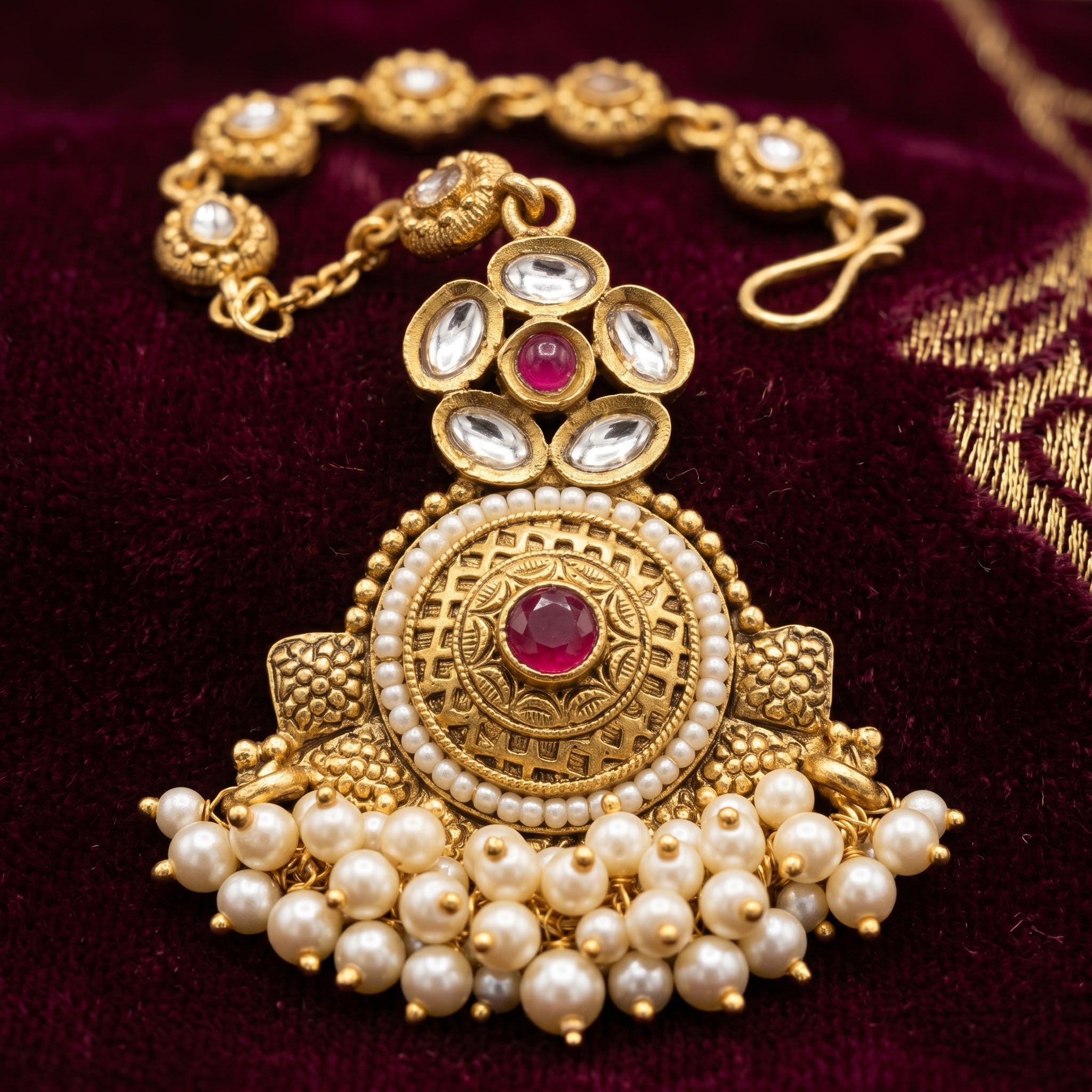 Gold Jali Medallion Pearl Cluster Kundan Maang Tikka