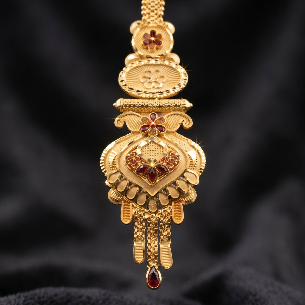 Gold Scrollwork Cartouche Ruby Maang Tikka