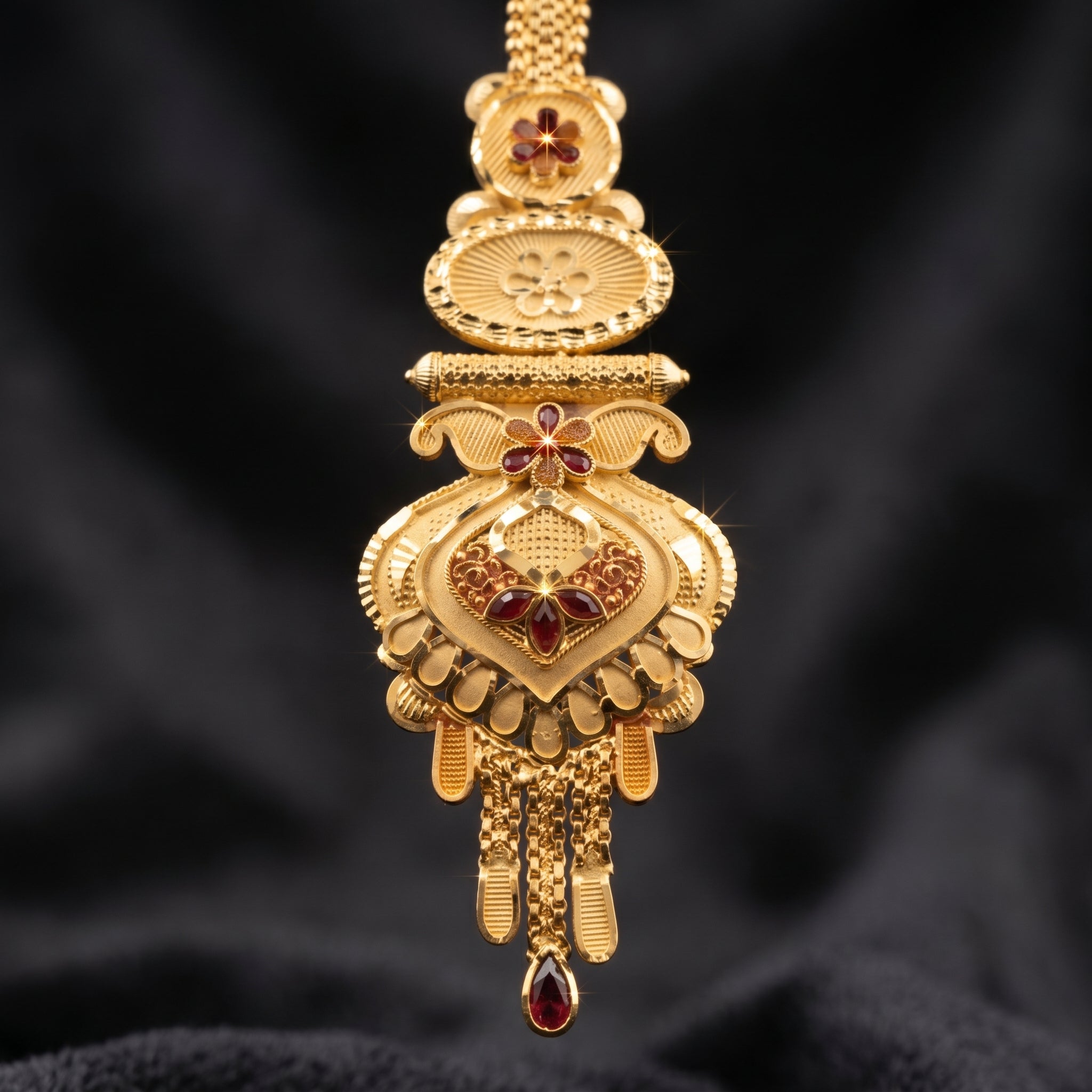 Gold Scrollwork Cartouche Ruby Maang Tikka