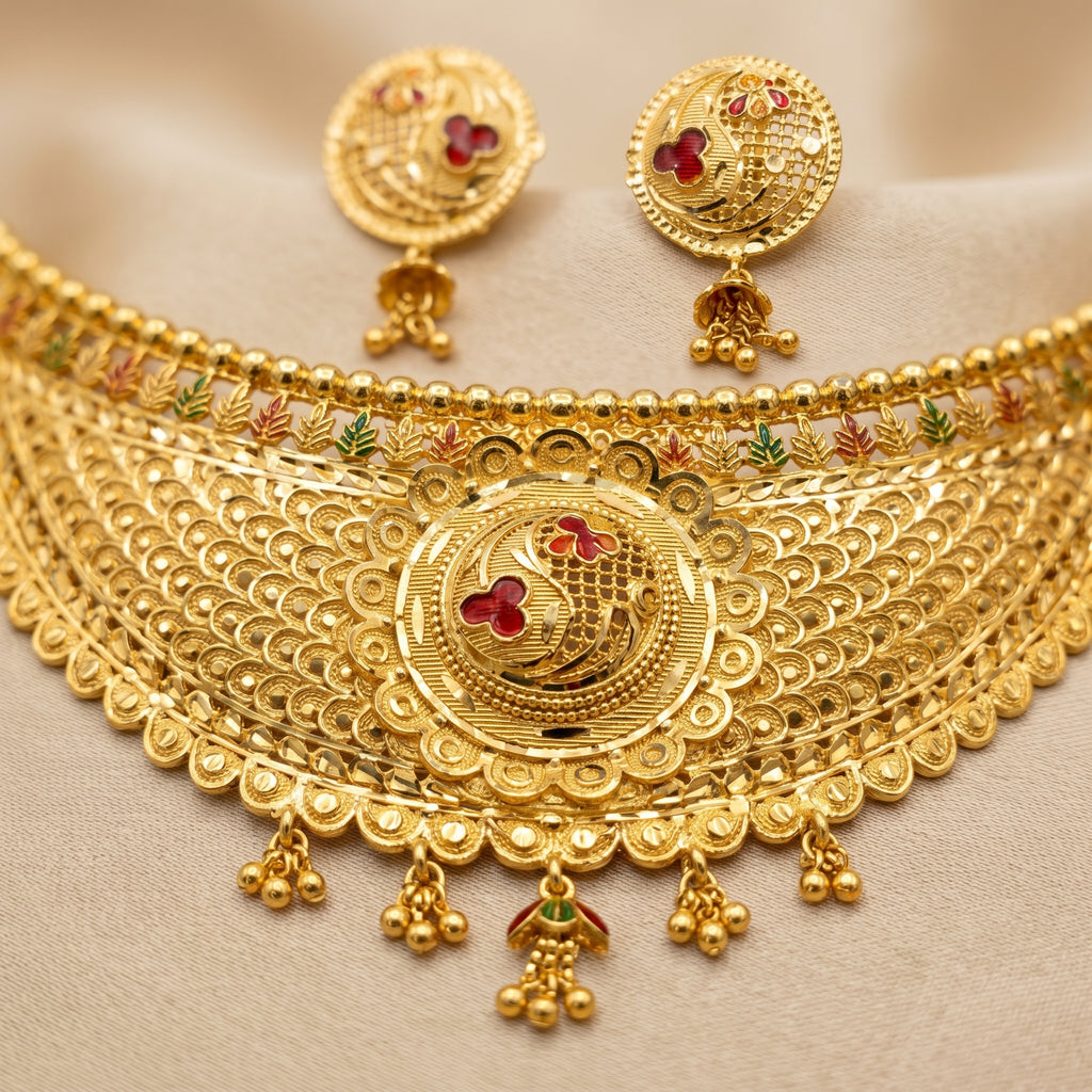 Gold Meenakari Peacock Lattice Choker Necklace Set