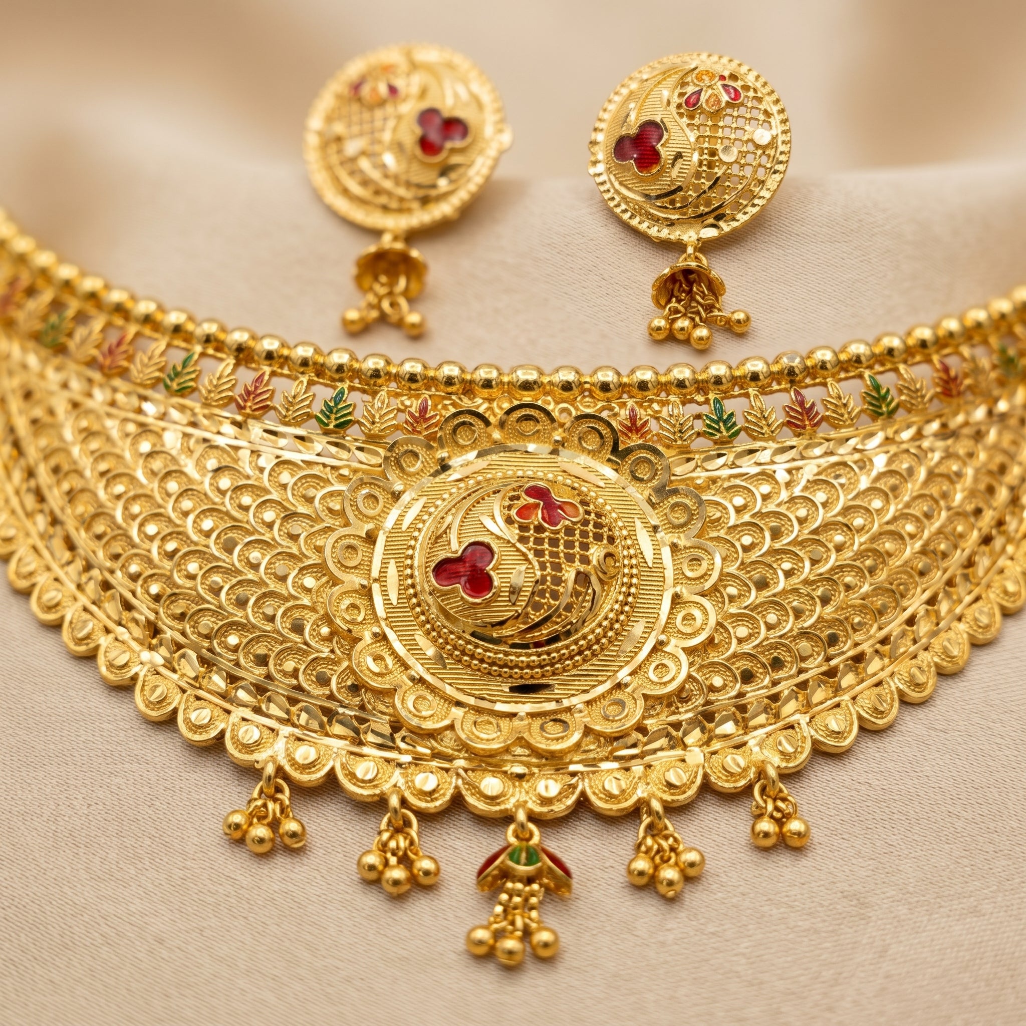 Gold Meenakari Peacock Lattice Choker Necklace Set
