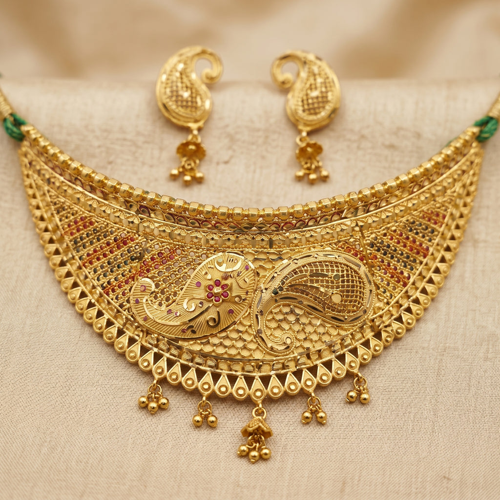 Gold Peacock Scroll Wide Crescent Choker Necklace Set