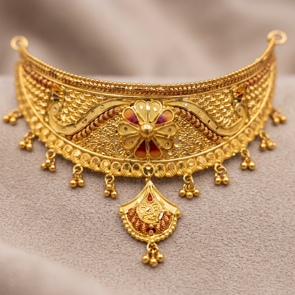 Gold Meenakari Filigree Crescent Fan Drop Necklace Set