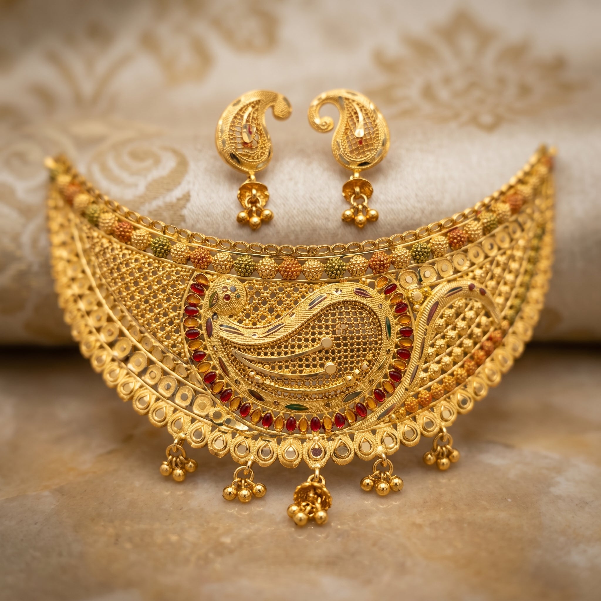 Gold Meenakari Peacock Grand Crescent Choker Necklace Set