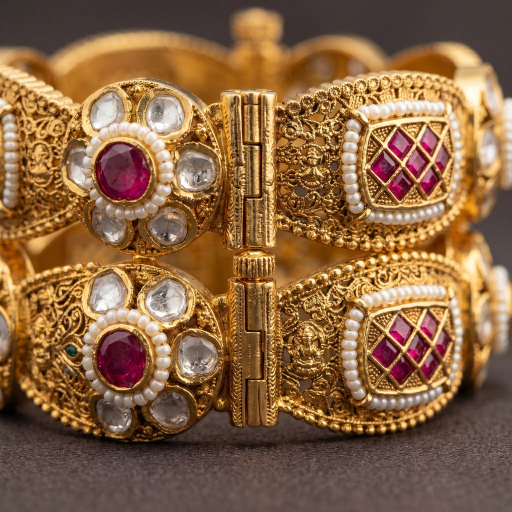 Gold Kundan Ruby Emerald Pearl Jali Kada Bangle