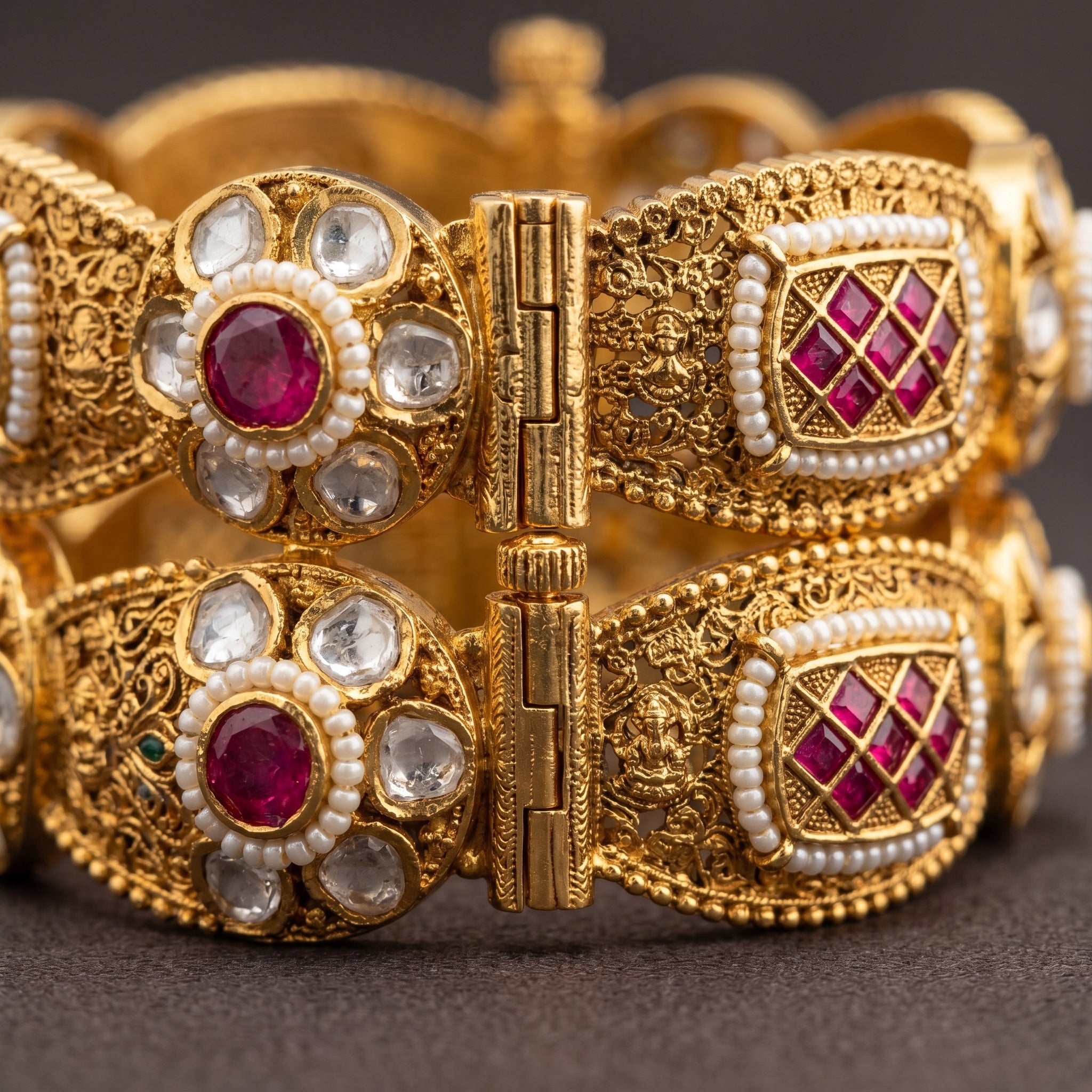 Gold Kundan Ruby Emerald Pearl Jali Kada Bangle
