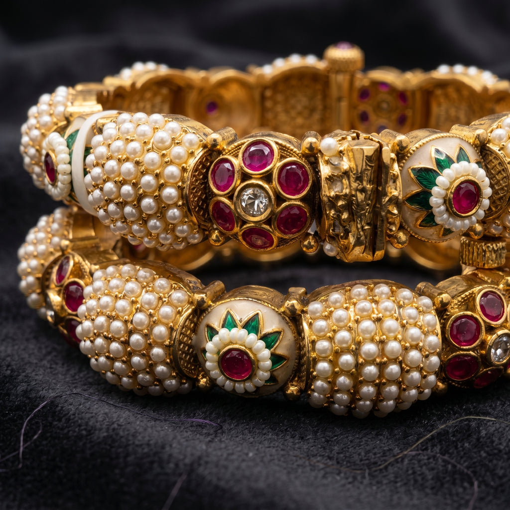 Gold Pearl Dome Ruby Emerald Meenakari Bangle Pair