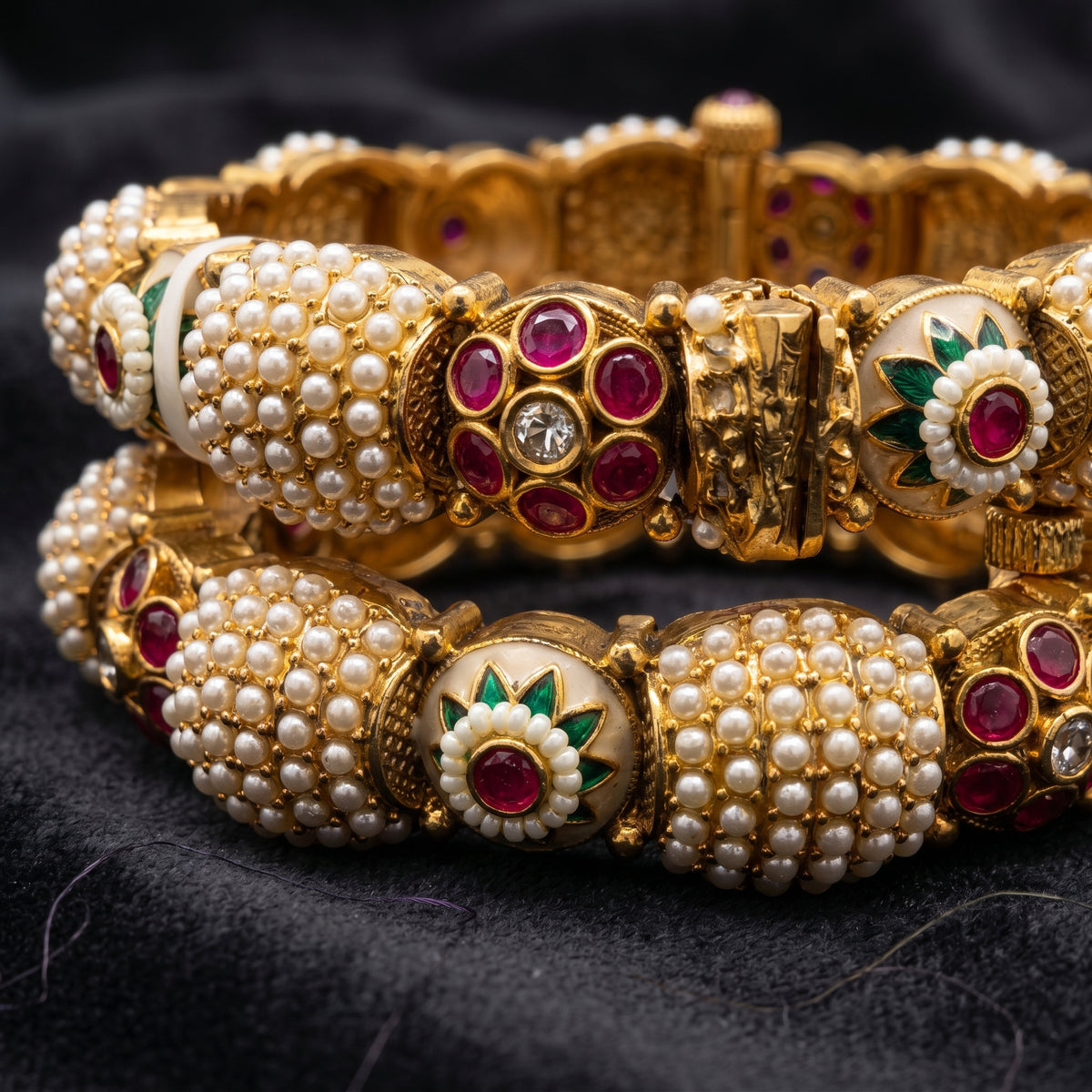 Gold Pearl Dome Ruby Emerald Meenakari Bangle Pair