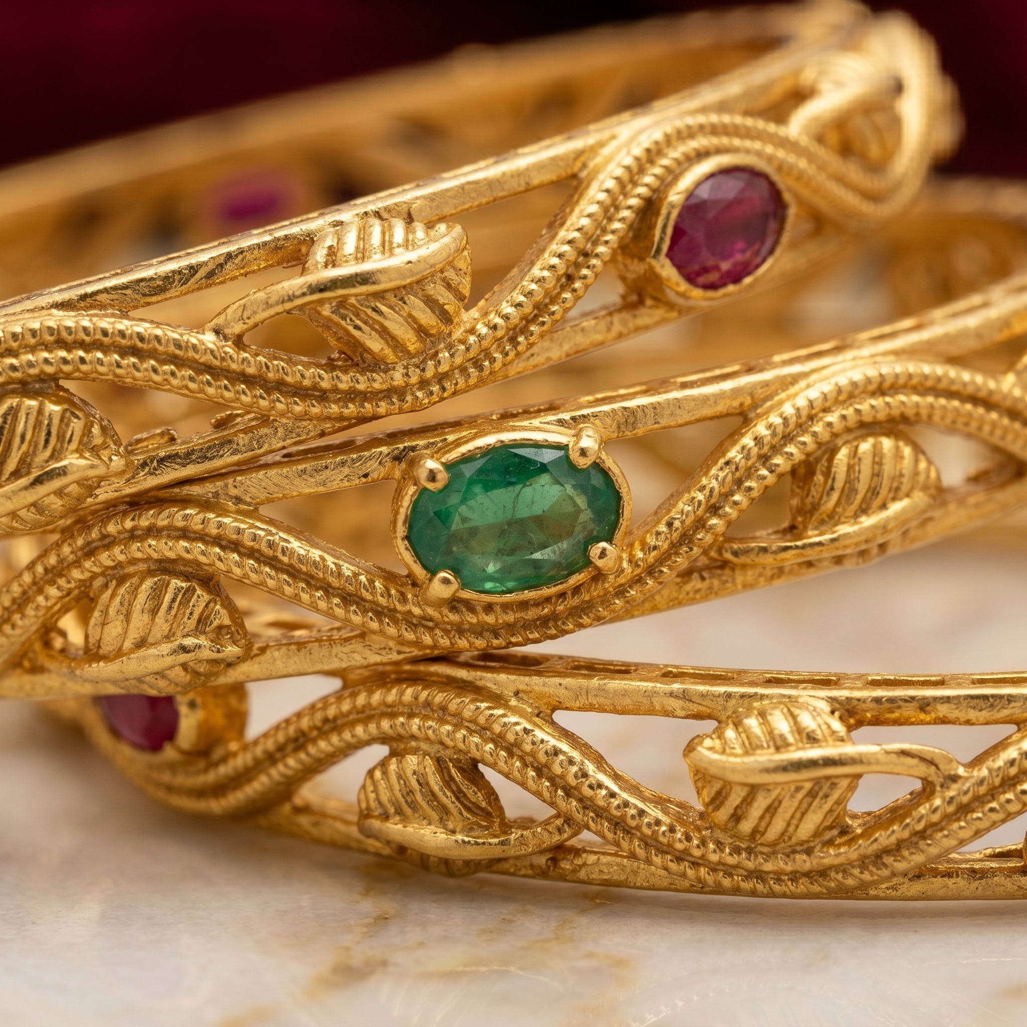 Gold Twisted Vine Ruby Emerald Bangle Pair