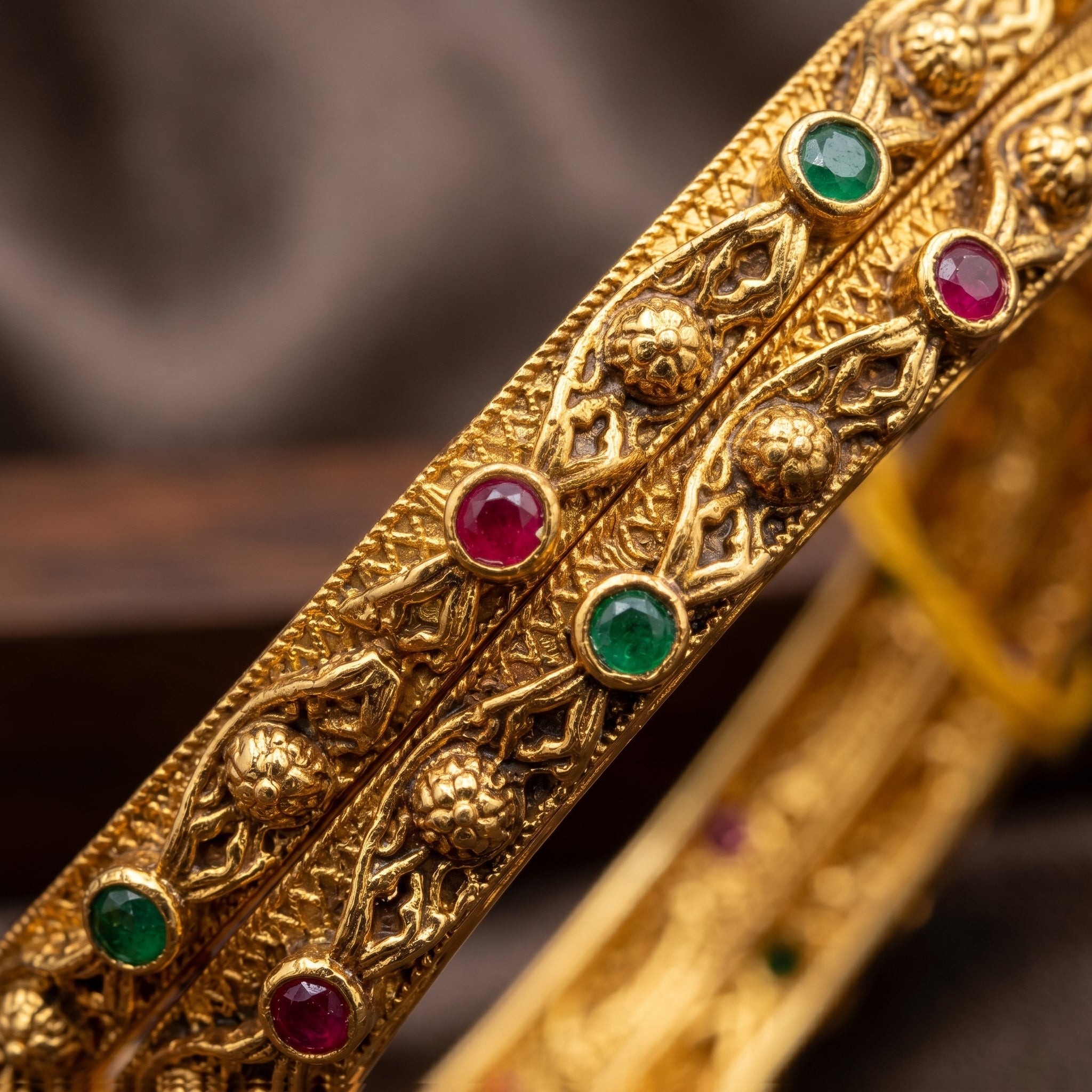 Gold Temple Filigree Ruby Emerald Stud Bangle Pair