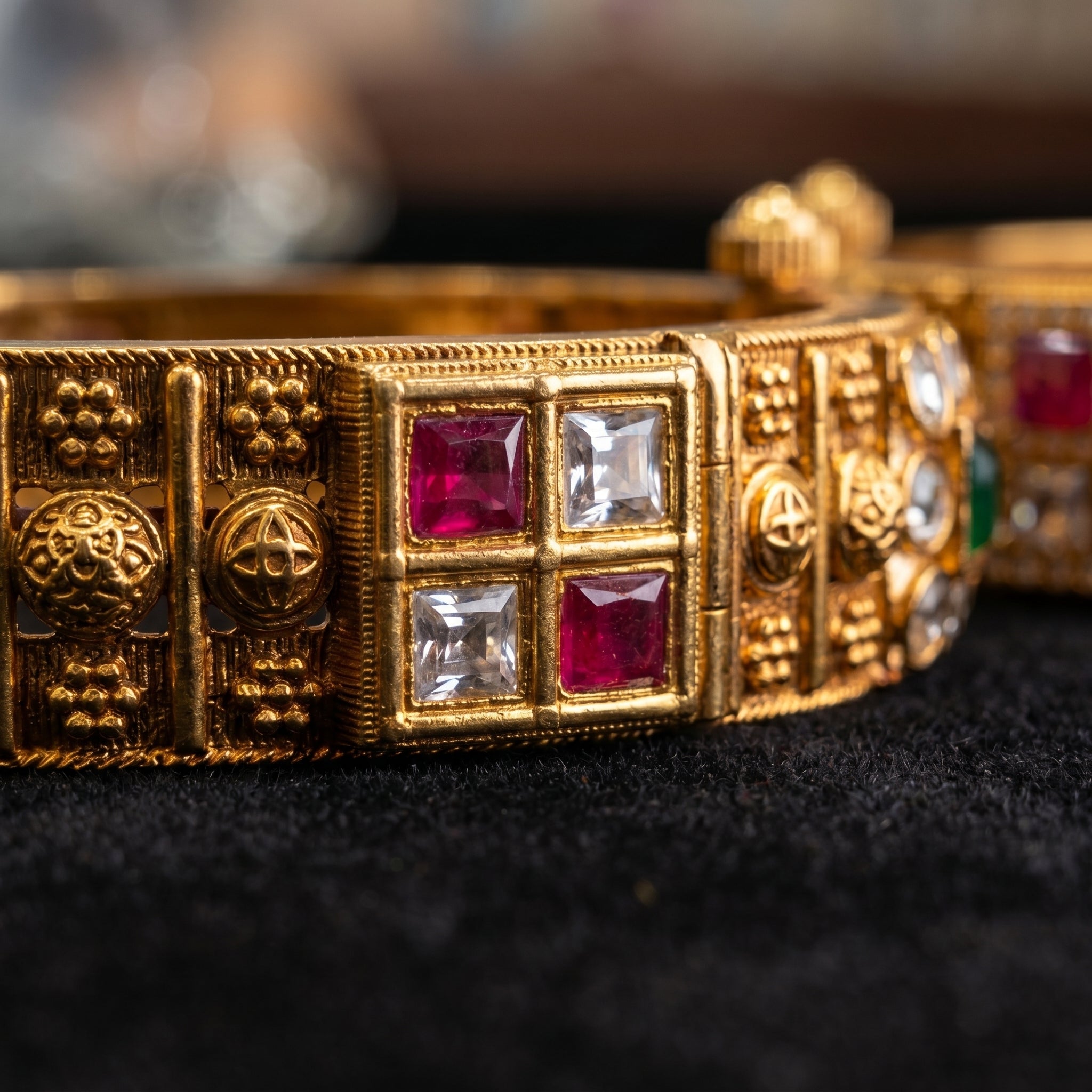 Gold Temple Coin Ruby CZ Checkerboard Bangle Pair