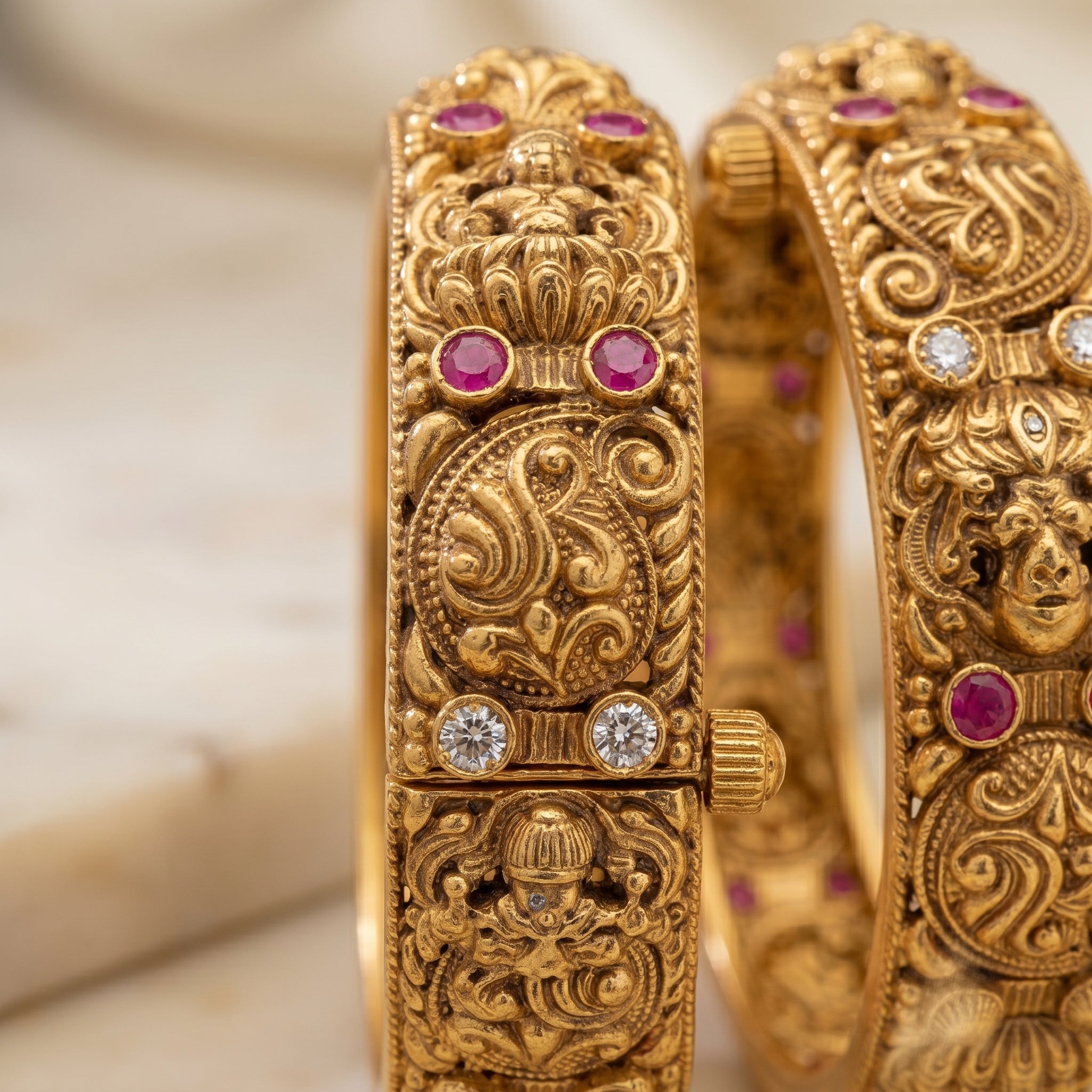 Gold Devi Mukha Nakshi Temple Relief Bangle Pair