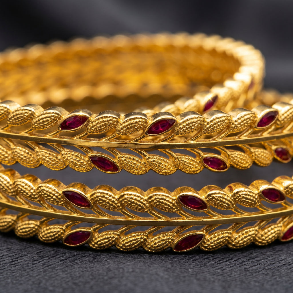 Gold Wheat Leaf Ruby Meenakari and Rope Twist Bangle Set of Four
