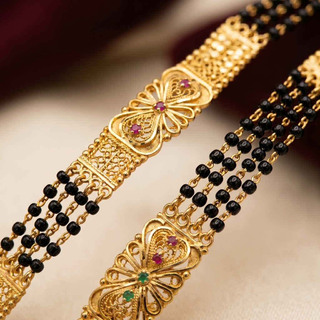 Gold Black Bead Floral Panel Long Mangalsutra Set