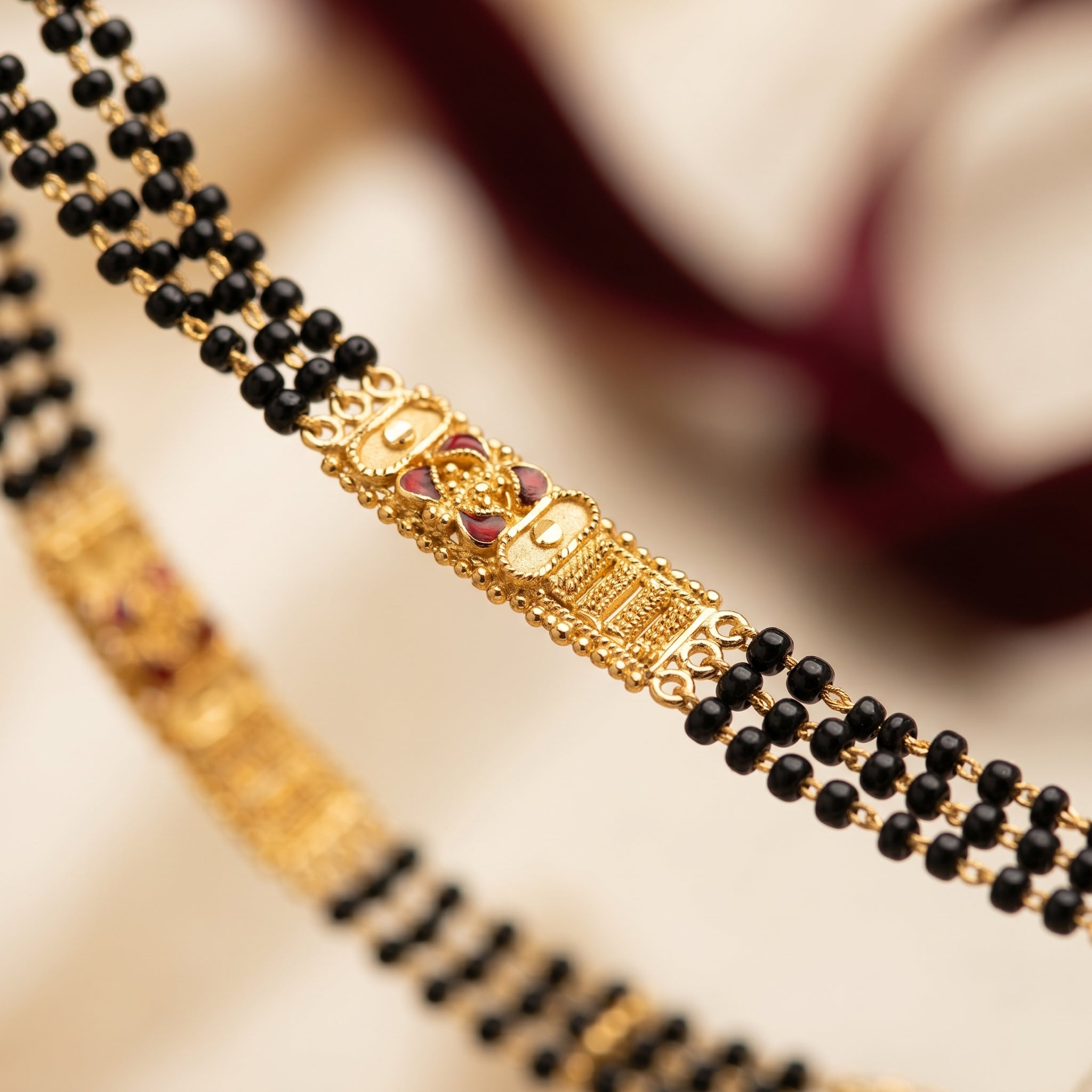 Gold Black Bead Pearl Enamel Panel Long Mangalsutra Set