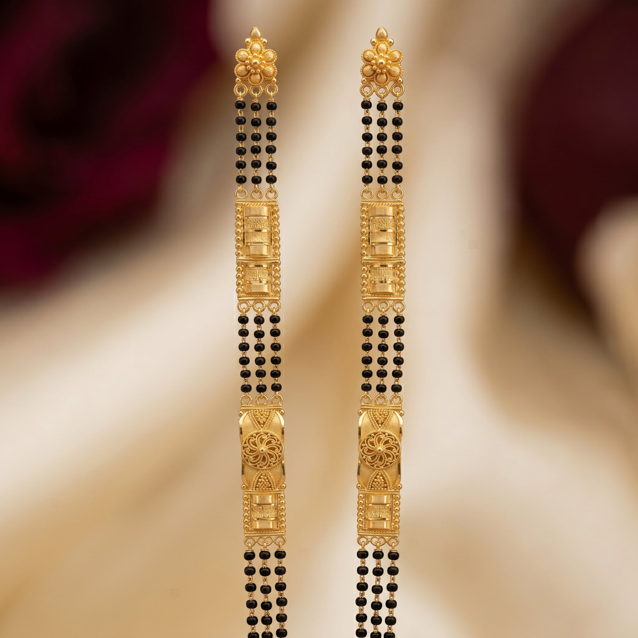 Gold Black Bead Filigree Bar Long Mangalsutra Set