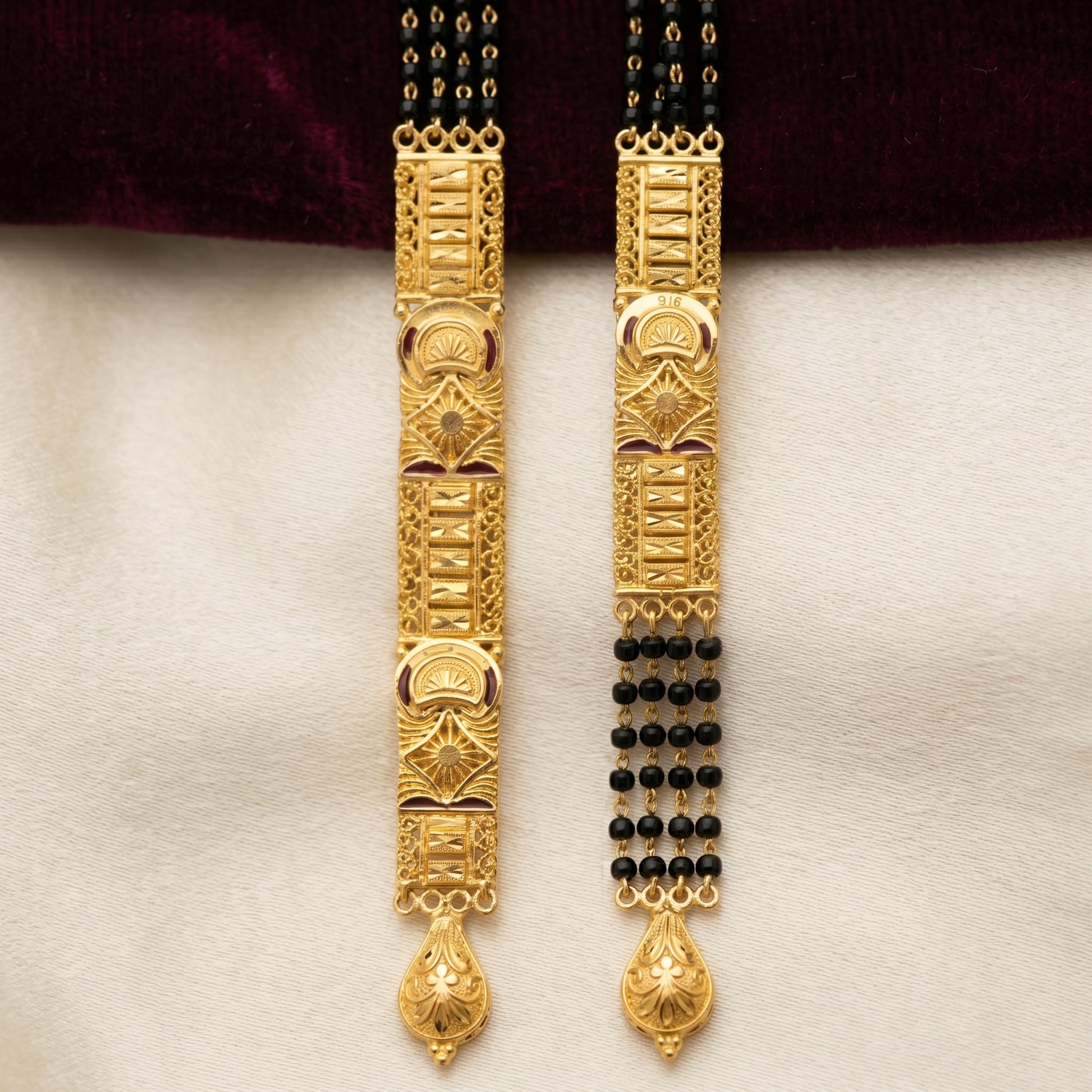 Gold Black Bead Geometric Coin Panel Long Mangalsutra Set