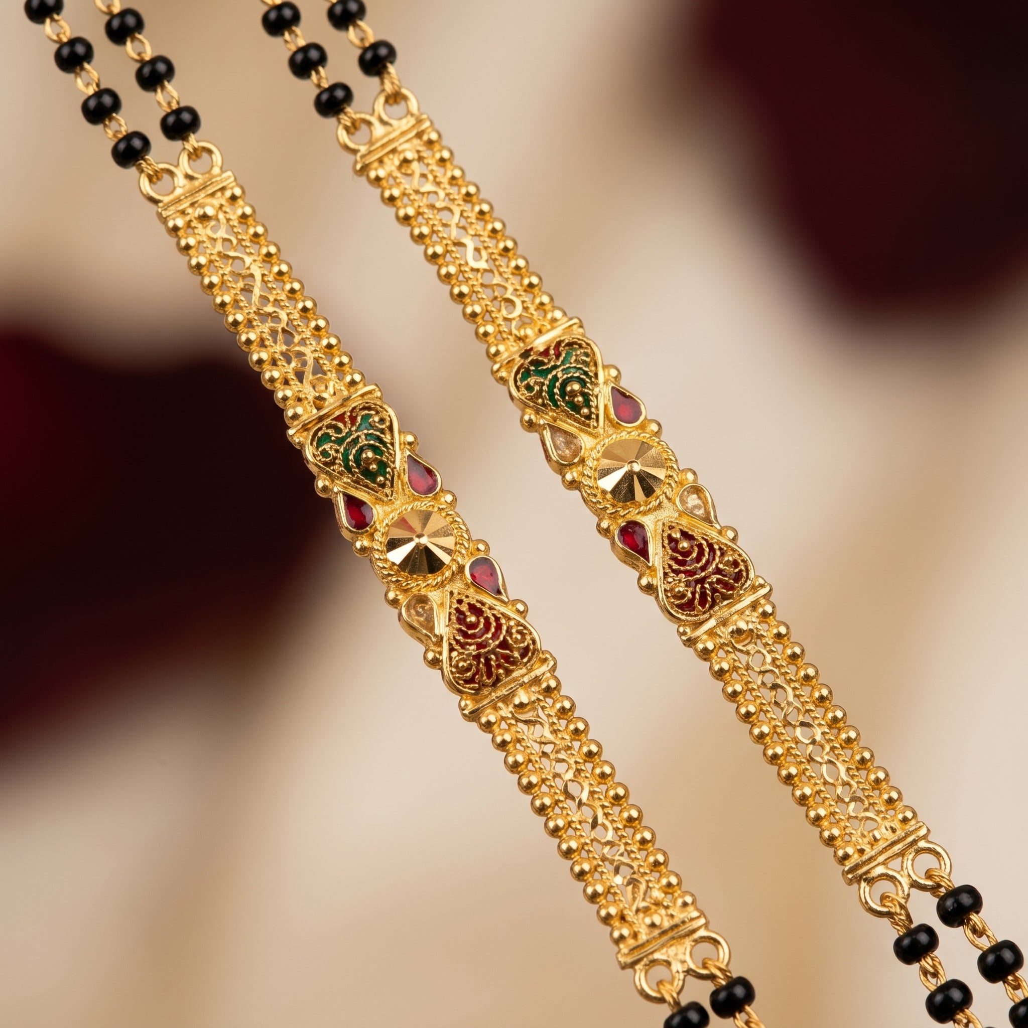 Gold Black Bead Filigree Fan Pendant Long Mangalsutra Set