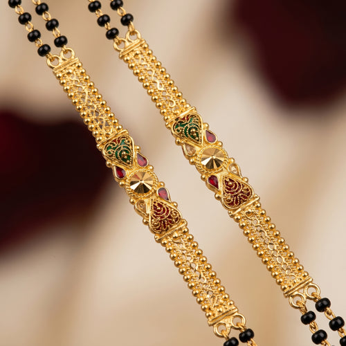 Gold Black Bead Filigree Fan Pendant Long Mangalsutra Patta