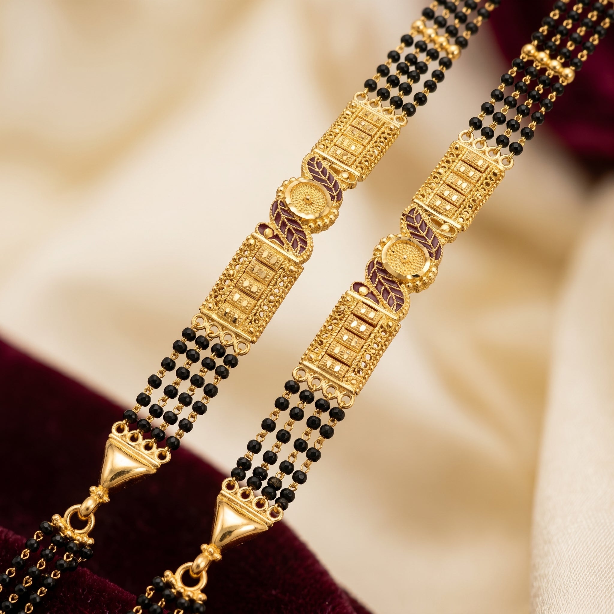 Gold Black Bead Filigree Leaf Panel Long Mangalsutra Set
