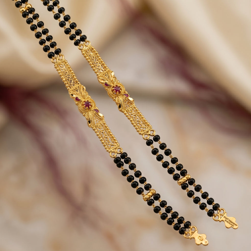 Gold Black Bead Floral Enamel Centre Bar Mangalsutra Set