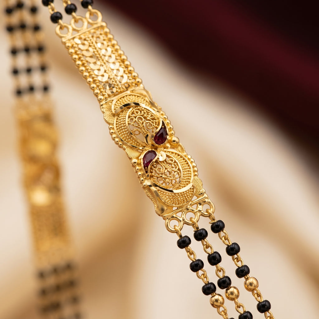 Gold Black Bead Dome Enamel Panel Long Mangalsutra Set