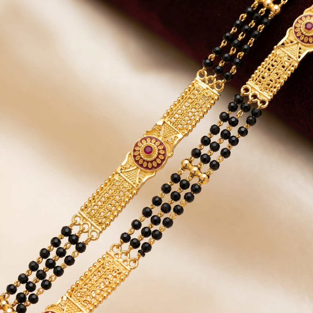 Gold Black Bead Ruby Stone Medallion Long Mangalsutra Set
